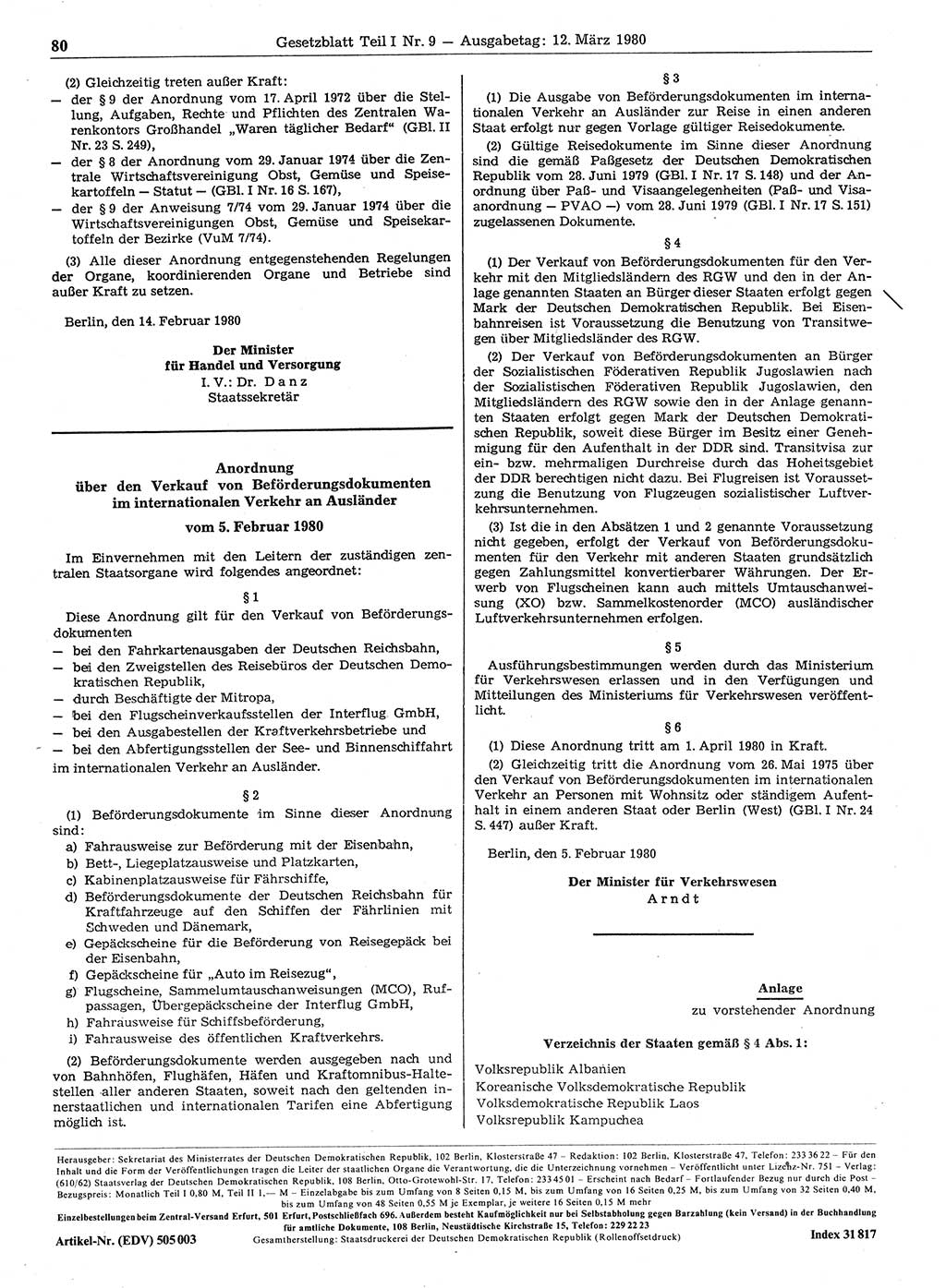 Gesetzblatt (GBl.) der Deutschen Demokratischen Republik (DDR) Teil Ⅰ 1980, Seite 80 (GBl. DDR Ⅰ 1980, S. 80)