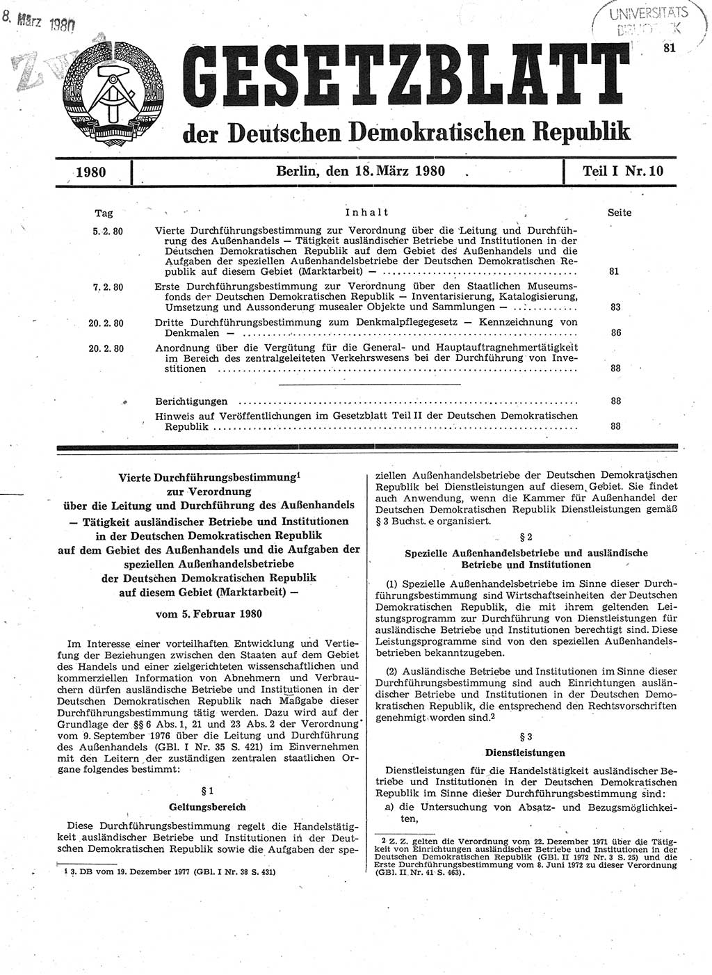 Gesetzblatt (GBl.) der Deutschen Demokratischen Republik (DDR) Teil Ⅰ 1980, Seite 81 (GBl. DDR Ⅰ 1980, S. 81)