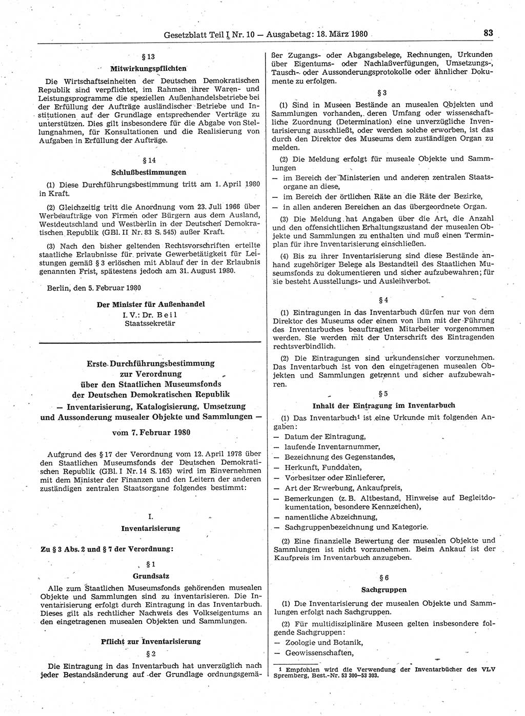 Gesetzblatt (GBl.) der Deutschen Demokratischen Republik (DDR) Teil Ⅰ 1980, Seite 83 (GBl. DDR Ⅰ 1980, S. 83)