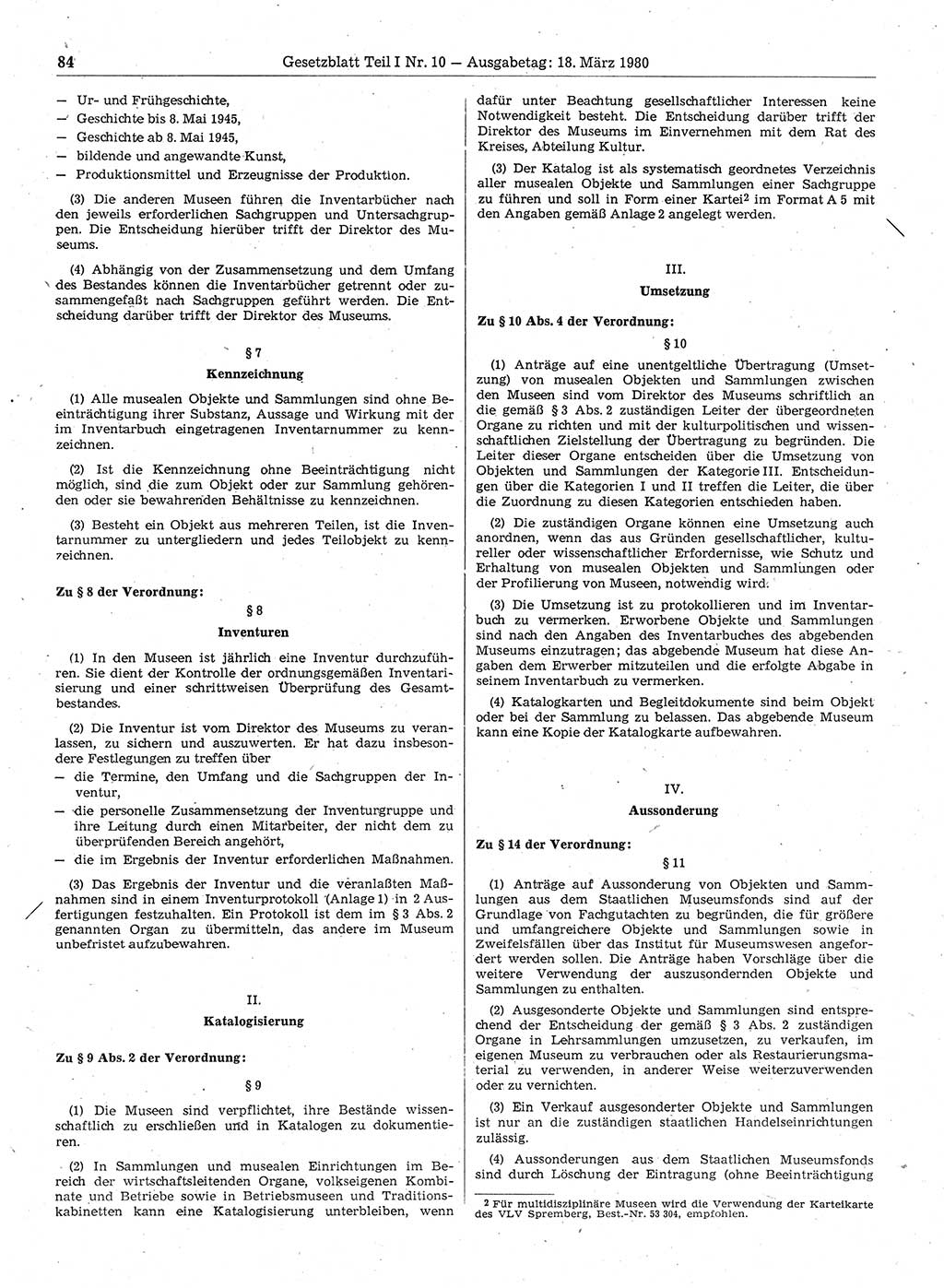 Gesetzblatt (GBl.) der Deutschen Demokratischen Republik (DDR) Teil Ⅰ 1980, Seite 84 (GBl. DDR Ⅰ 1980, S. 84)