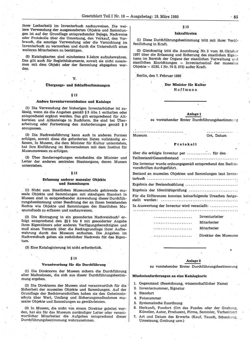 Gesetzblatt (GBl.) der Deutschen Demokratischen Republik (DDR) Teil Ⅰ 1980, Seite 85 (GBl. DDR Ⅰ 1980, S. 85)