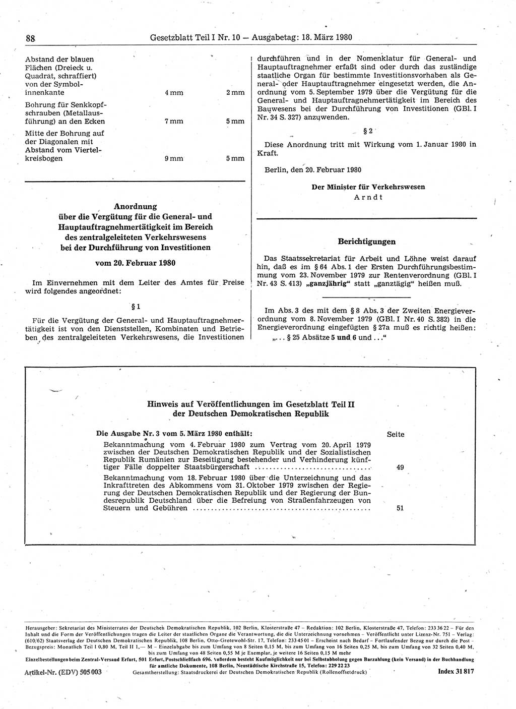 Gesetzblatt (GBl.) der Deutschen Demokratischen Republik (DDR) Teil Ⅰ 1980, Seite 88 (GBl. DDR Ⅰ 1980, S. 88)