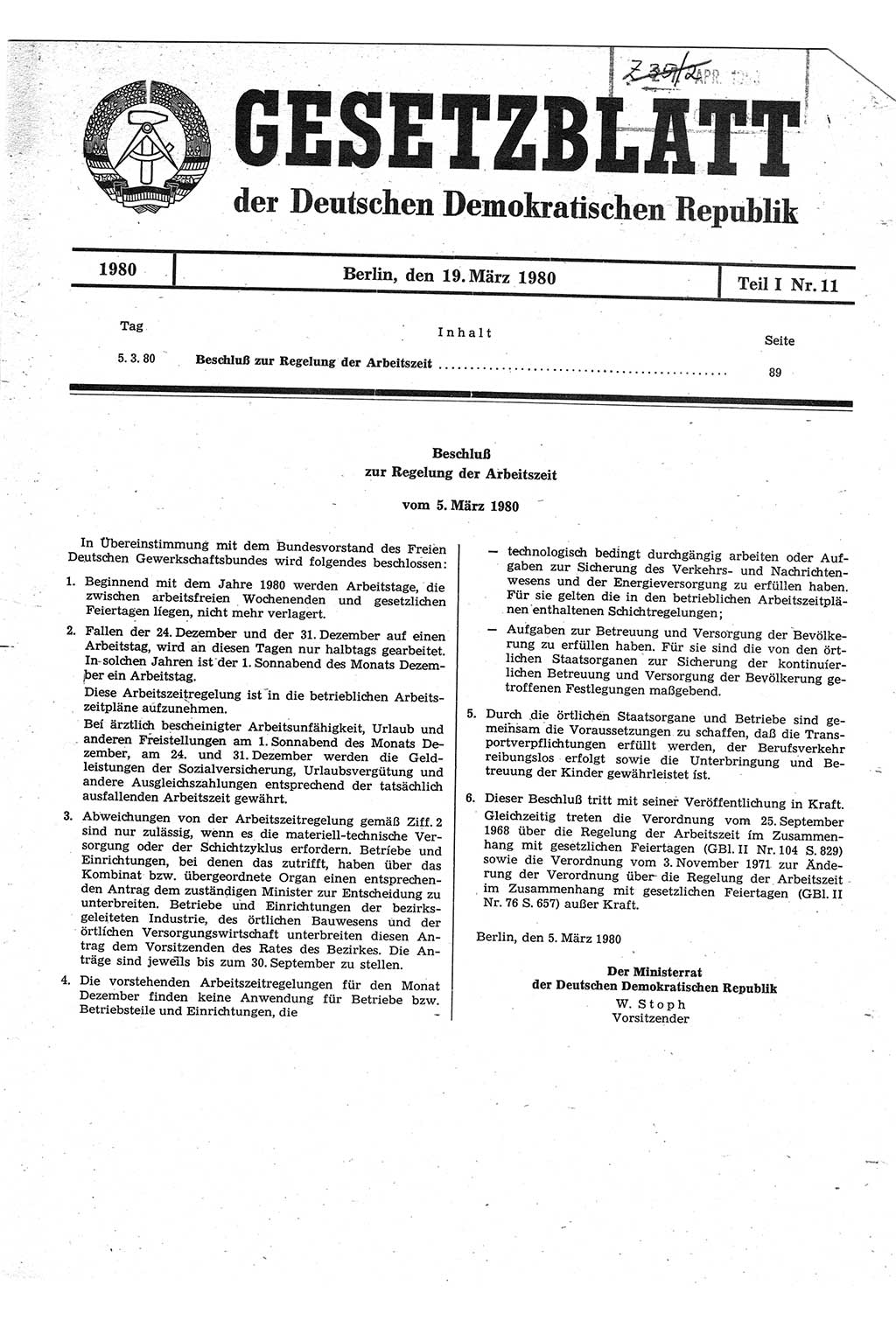 Gesetzblatt (GBl.) der Deutschen Demokratischen Republik (DDR) Teil Ⅰ 1980, Seite 89 (GBl. DDR Ⅰ 1980, S. 89)
