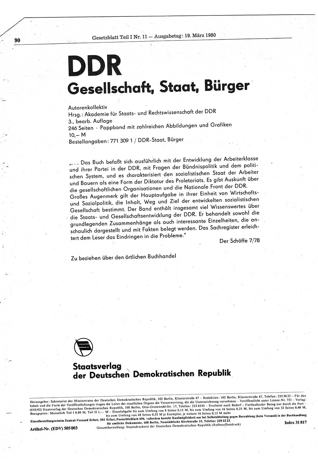 Gesetzblatt (GBl.) der Deutschen Demokratischen Republik (DDR) Teil Ⅰ 1980, Seite 90 (GBl. DDR Ⅰ 1980, S. 90)