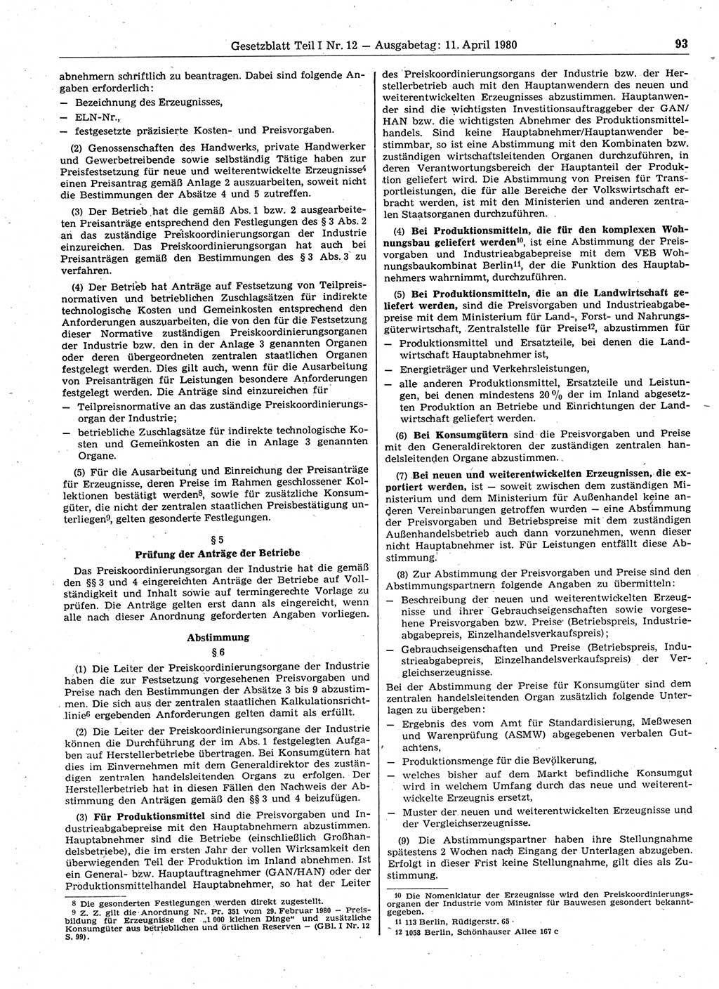 Gesetzblatt (GBl.) der Deutschen Demokratischen Republik (DDR) Teil Ⅰ 1980, Seite 93 (GBl. DDR Ⅰ 1980, S. 93)
