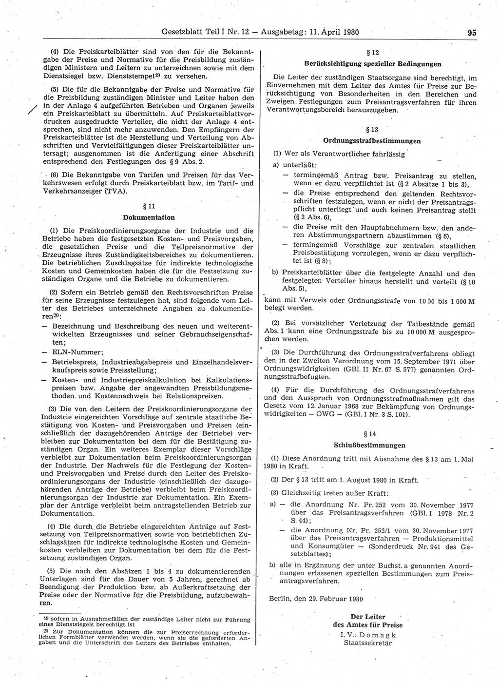 Gesetzblatt (GBl.) der Deutschen Demokratischen Republik (DDR) Teil Ⅰ 1980, Seite 95 (GBl. DDR Ⅰ 1980, S. 95)