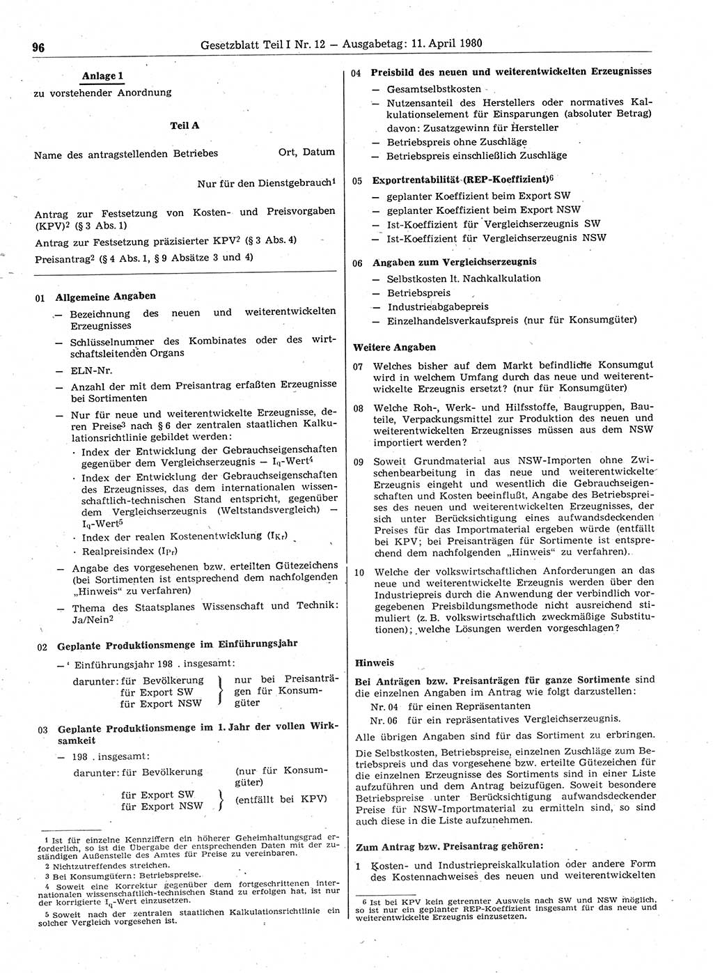 Gesetzblatt (GBl.) der Deutschen Demokratischen Republik (DDR) Teil Ⅰ 1980, Seite 96 (GBl. DDR Ⅰ 1980, S. 96)
