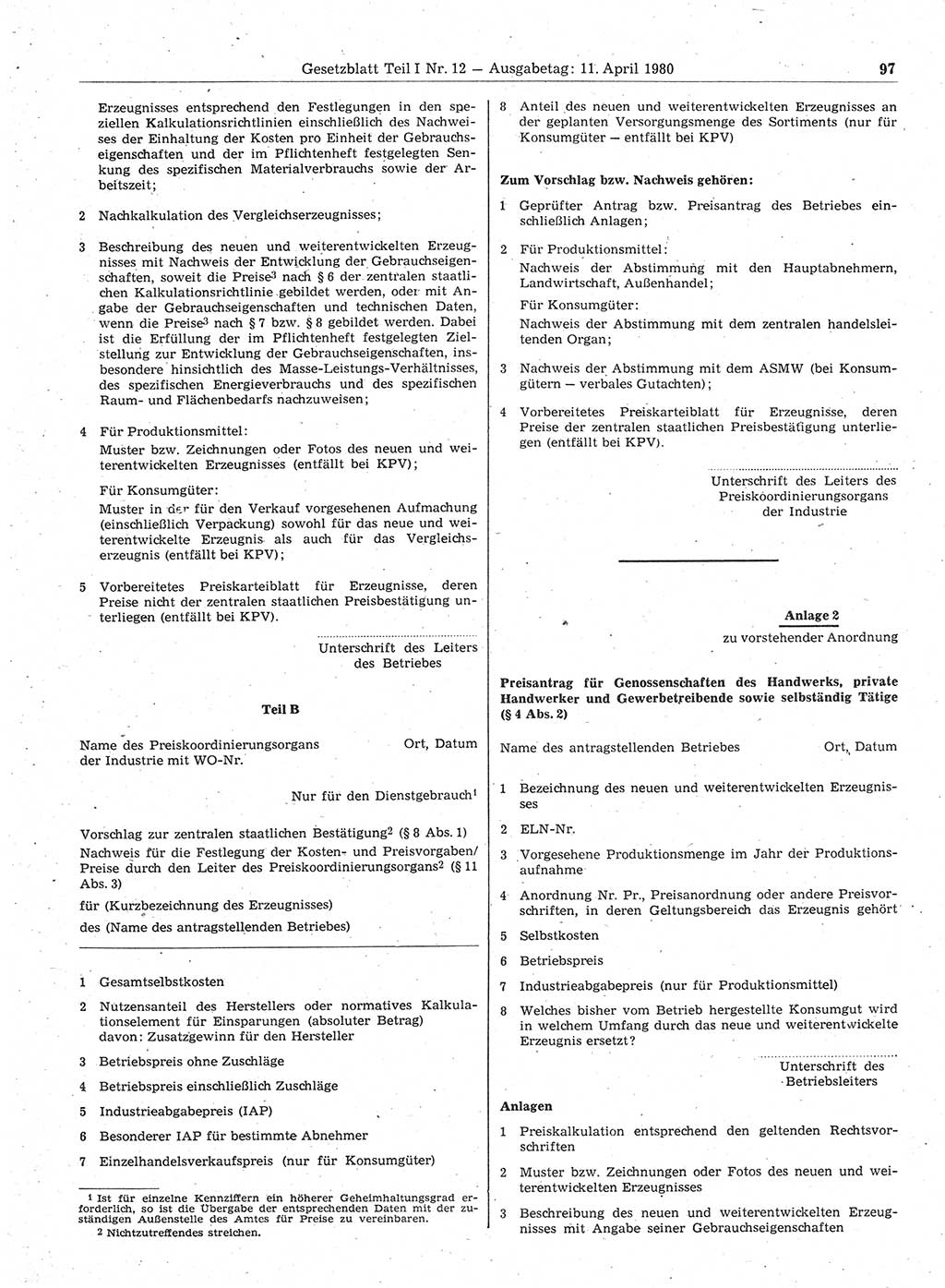 Gesetzblatt (GBl.) der Deutschen Demokratischen Republik (DDR) Teil Ⅰ 1980, Seite 97 (GBl. DDR Ⅰ 1980, S. 97)