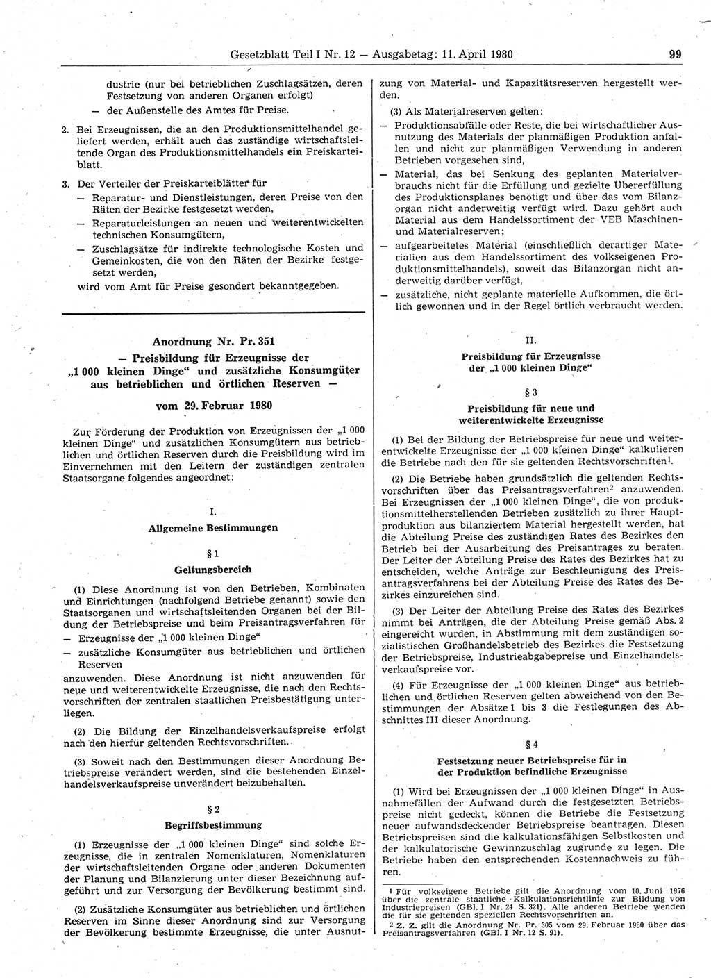 Gesetzblatt (GBl.) der Deutschen Demokratischen Republik (DDR) Teil Ⅰ 1980, Seite 99 (GBl. DDR Ⅰ 1980, S. 99)
