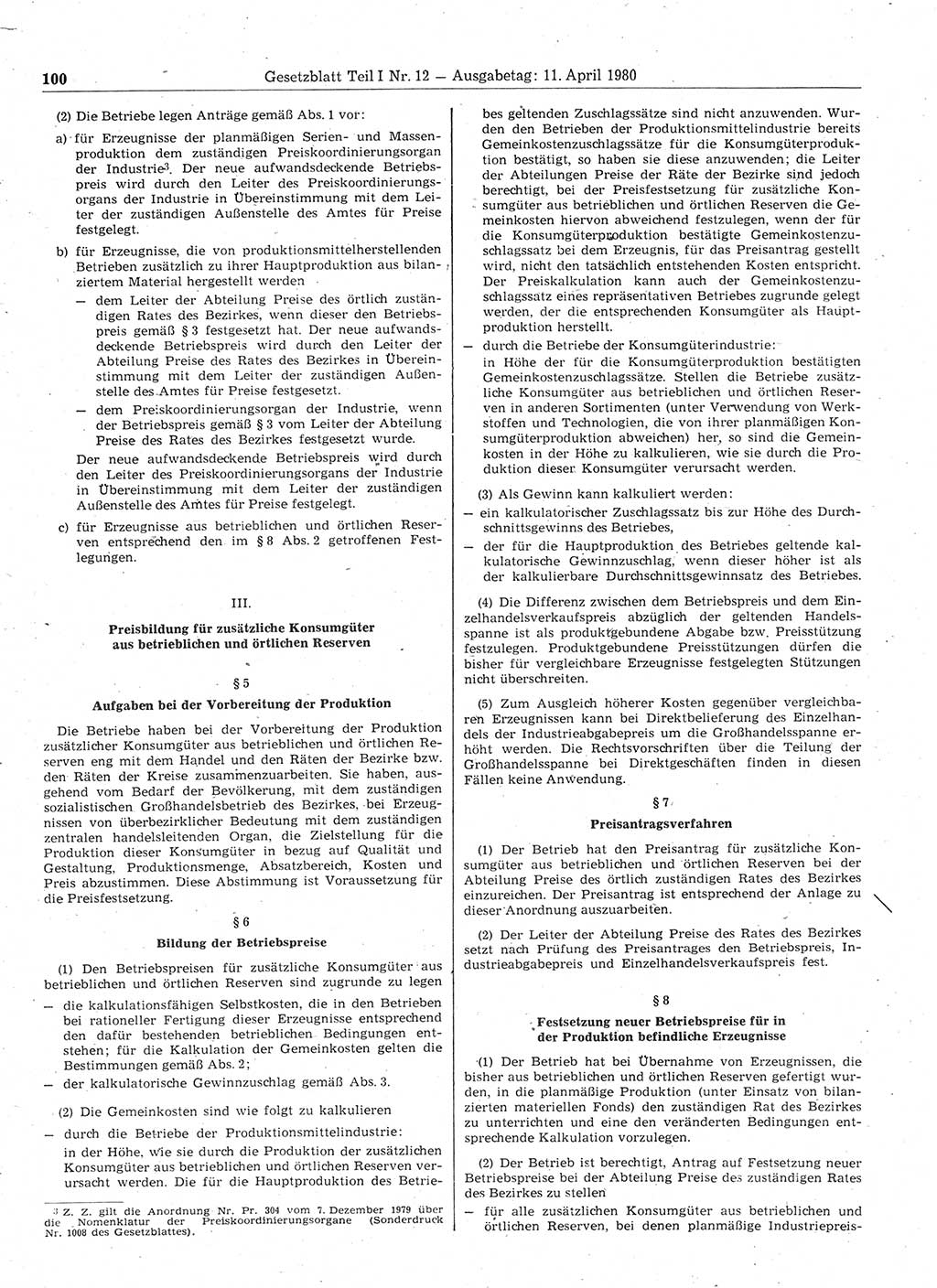 Gesetzblatt (GBl.) der Deutschen Demokratischen Republik (DDR) Teil Ⅰ 1980, Seite 100 (GBl. DDR Ⅰ 1980, S. 100)