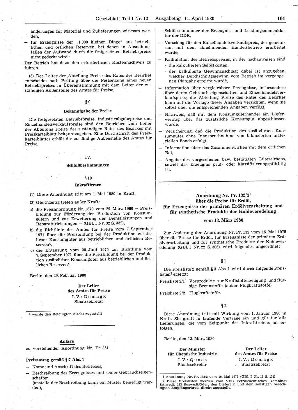 Gesetzblatt (GBl.) der Deutschen Demokratischen Republik (DDR) Teil Ⅰ 1980, Seite 101 (GBl. DDR Ⅰ 1980, S. 101)