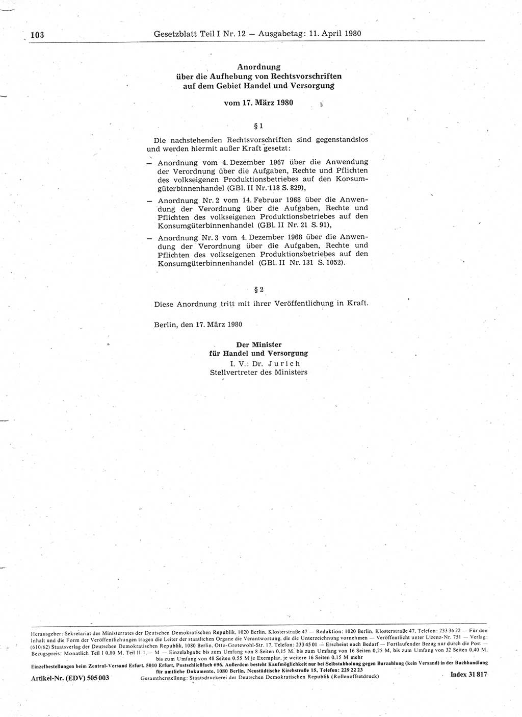 Gesetzblatt (GBl.) der Deutschen Demokratischen Republik (DDR) Teil Ⅰ 1980, Seite 106 (GBl. DDR Ⅰ 1980, S. 106)