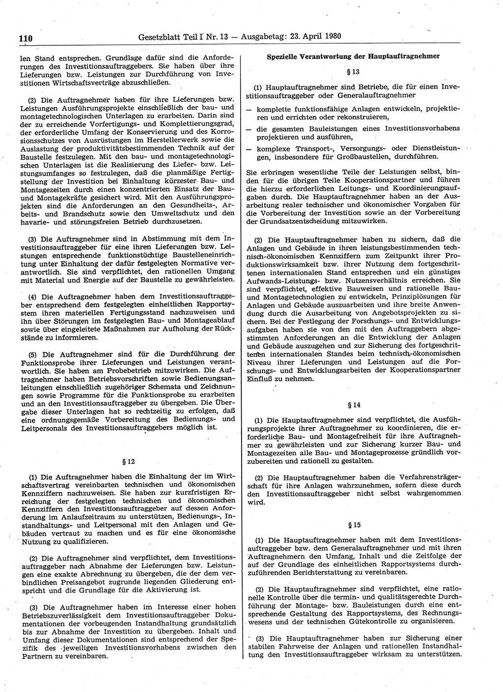 Gesetzblatt (GBl.) der Deutschen Demokratischen Republik (DDR) Teil Ⅰ 1980, Seite 110 (GBl. DDR Ⅰ 1980, S. 110)