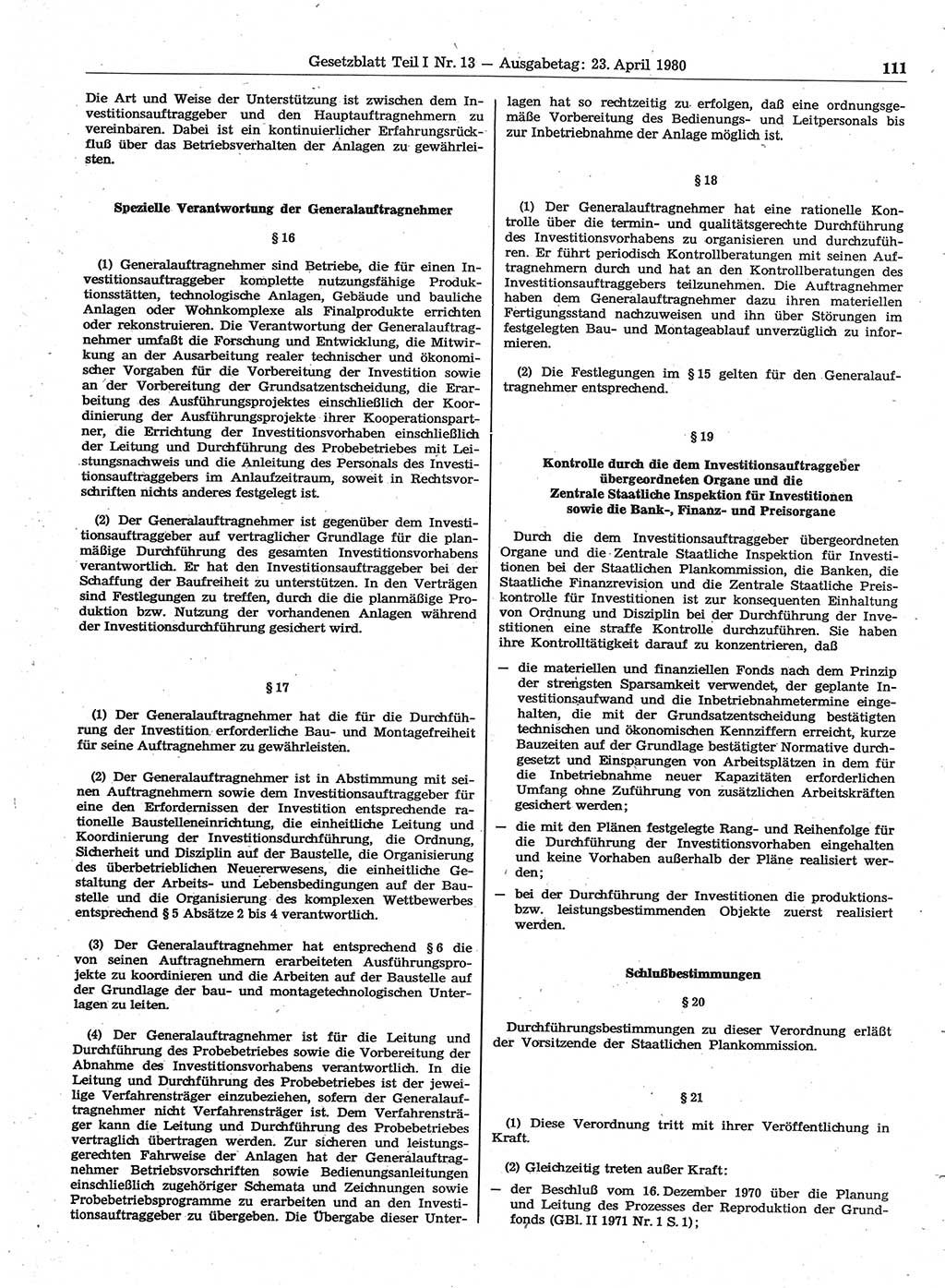 Gesetzblatt (GBl.) der Deutschen Demokratischen Republik (DDR) Teil Ⅰ 1980, Seite 111 (GBl. DDR Ⅰ 1980, S. 111)