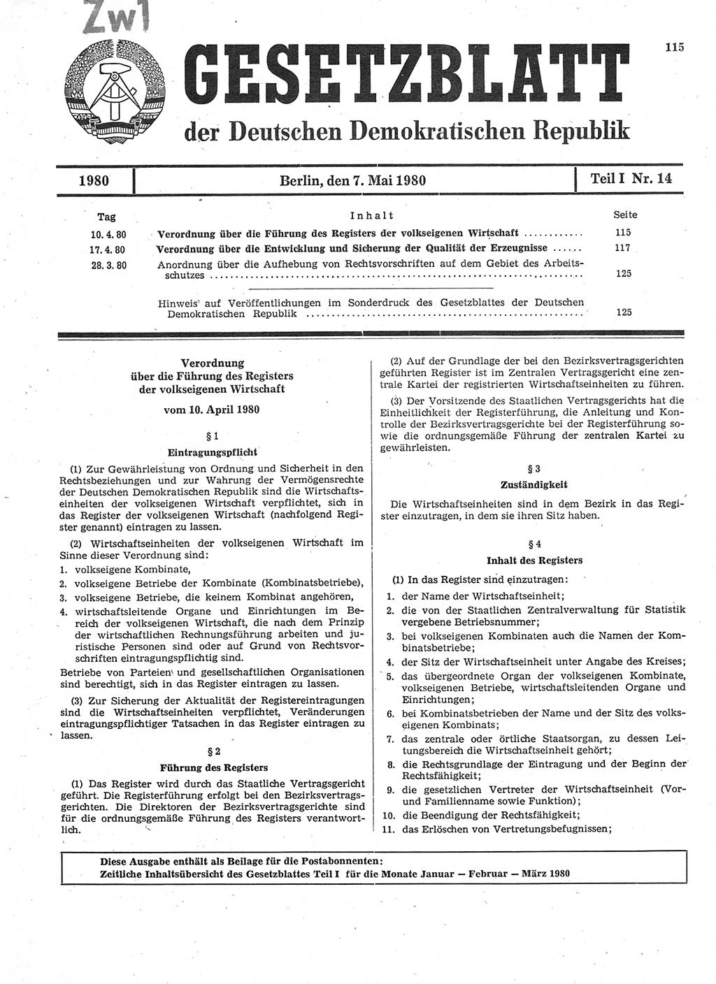 Gesetzblatt (GBl.) der Deutschen Demokratischen Republik (DDR) Teil Ⅰ 1980, Seite 115 (GBl. DDR Ⅰ 1980, S. 115)