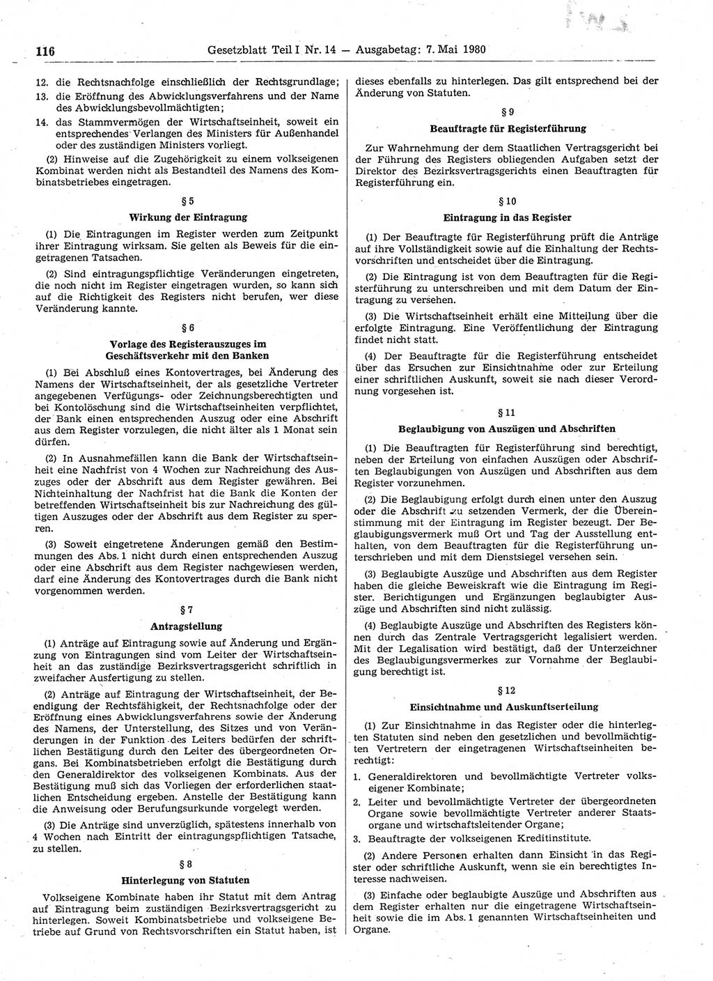 Gesetzblatt (GBl.) der Deutschen Demokratischen Republik (DDR) Teil Ⅰ 1980, Seite 116 (GBl. DDR Ⅰ 1980, S. 116)