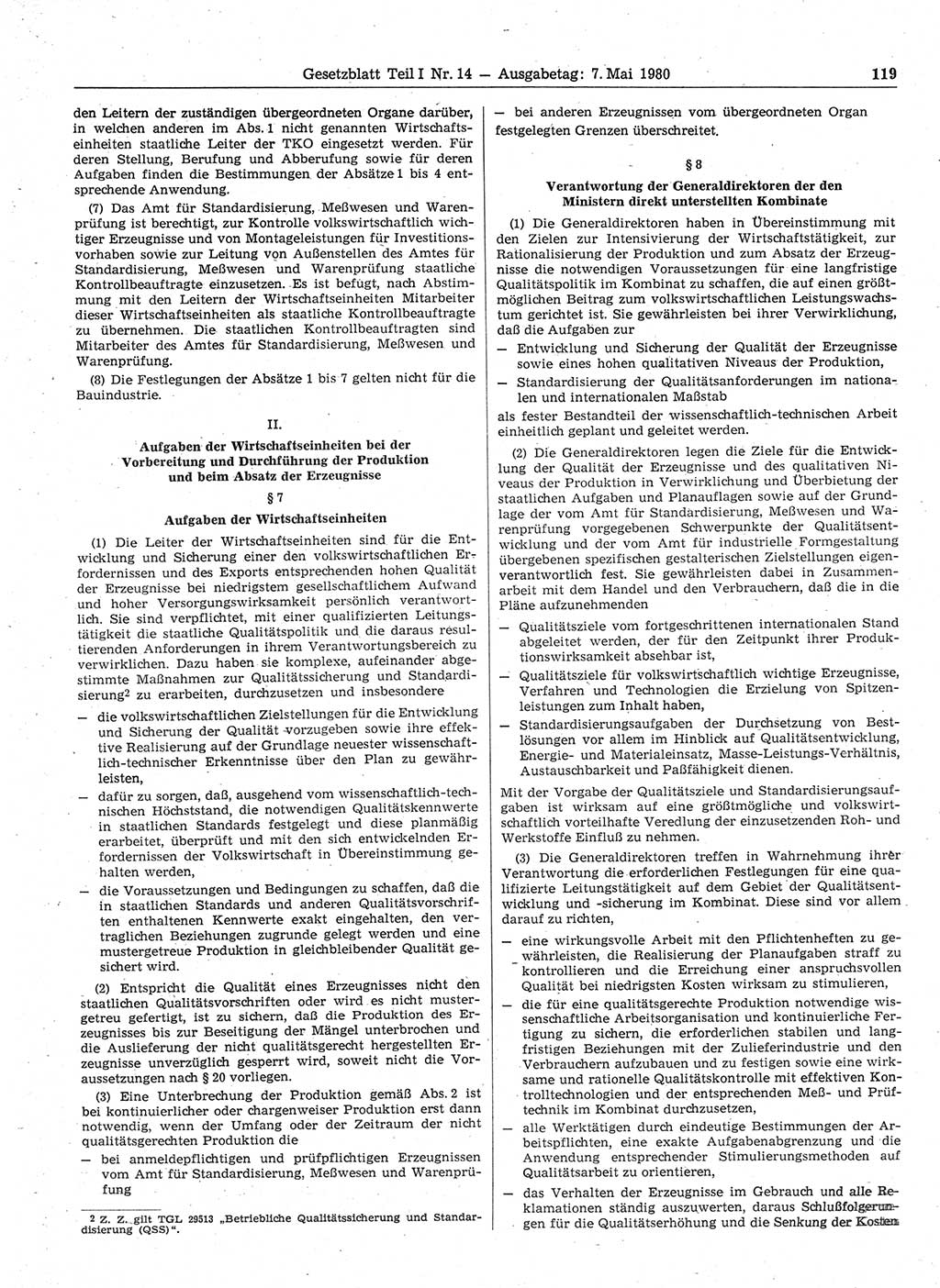 Gesetzblatt (GBl.) der Deutschen Demokratischen Republik (DDR) Teil Ⅰ 1980, Seite 119 (GBl. DDR Ⅰ 1980, S. 119)