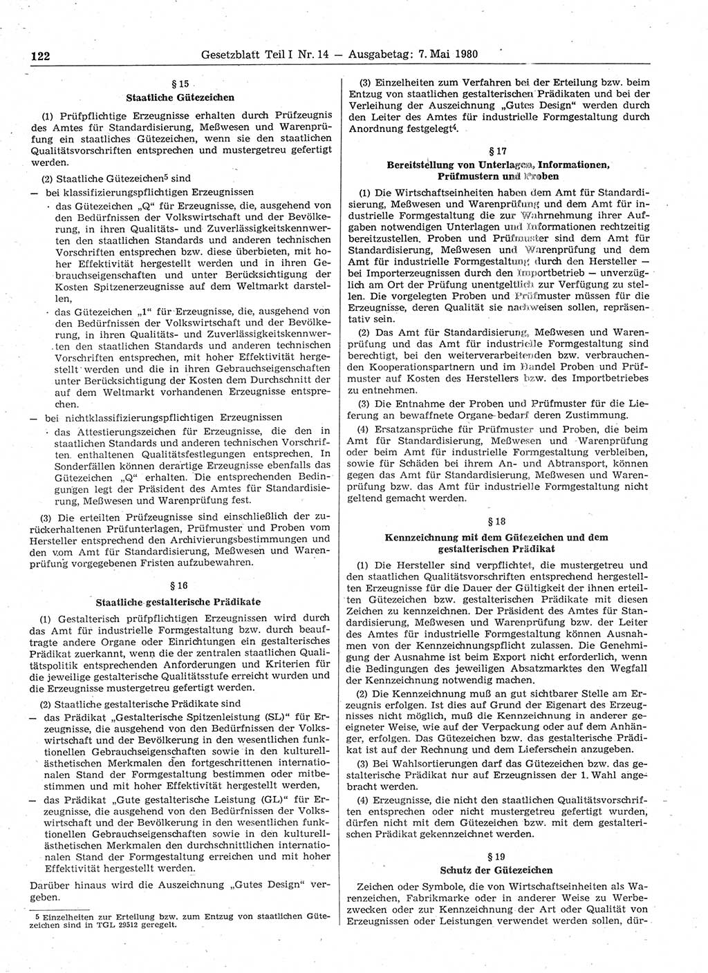 Gesetzblatt (GBl.) der Deutschen Demokratischen Republik (DDR) Teil Ⅰ 1980, Seite 122 (GBl. DDR Ⅰ 1980, S. 122)