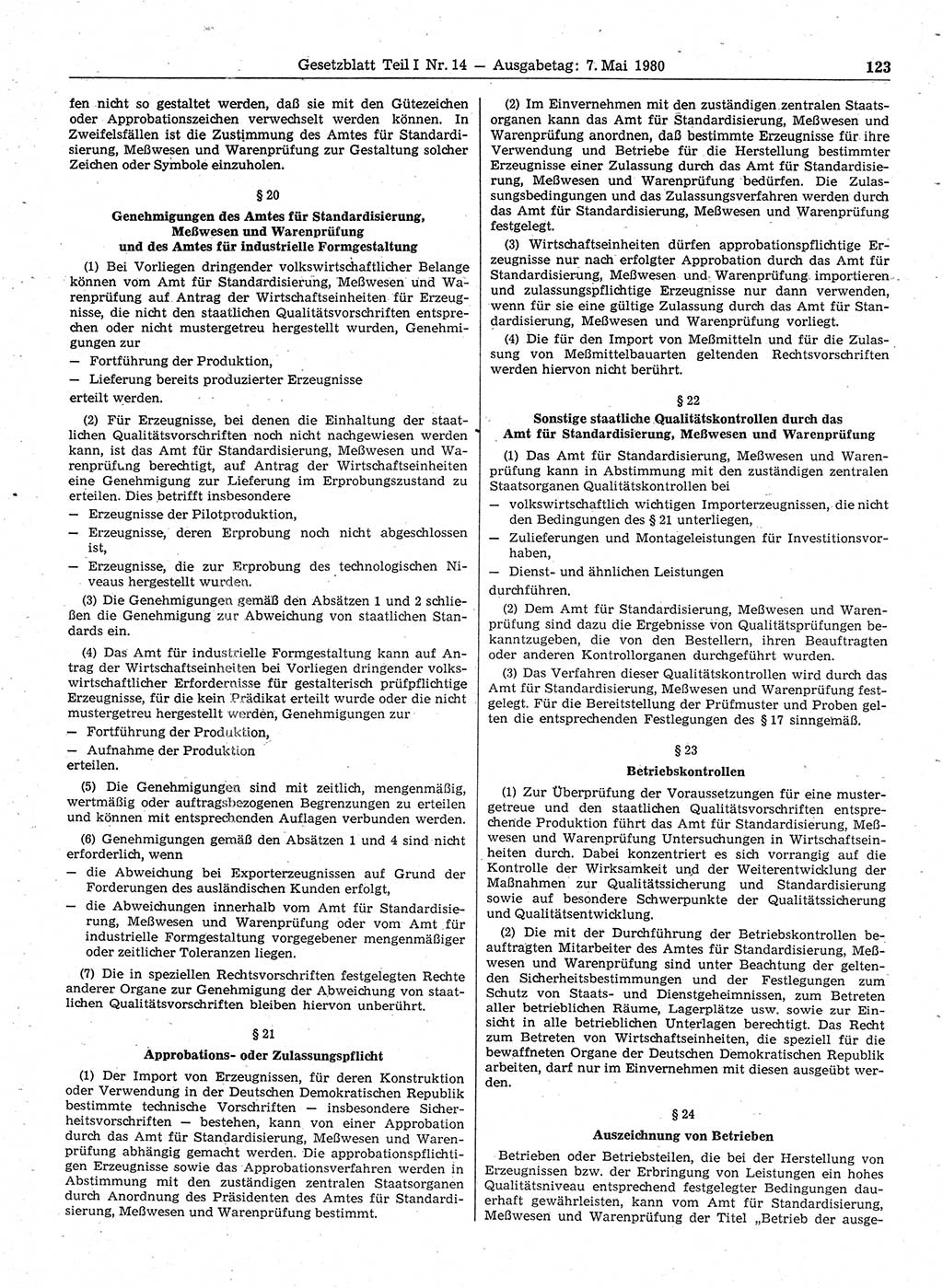 Gesetzblatt (GBl.) der Deutschen Demokratischen Republik (DDR) Teil Ⅰ 1980, Seite 123 (GBl. DDR Ⅰ 1980, S. 123)