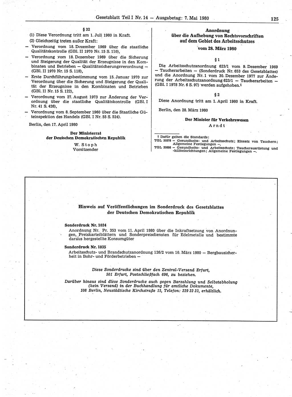 Gesetzblatt (GBl.) der Deutschen Demokratischen Republik (DDR) Teil Ⅰ 1980, Seite 125 (GBl. DDR Ⅰ 1980, S. 125)