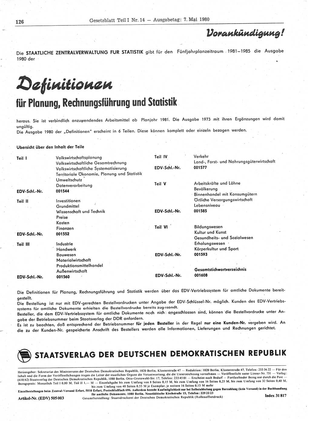 Gesetzblatt (GBl.) der Deutschen Demokratischen Republik (DDR) Teil Ⅰ 1980, Seite 126 (GBl. DDR Ⅰ 1980, S. 126)