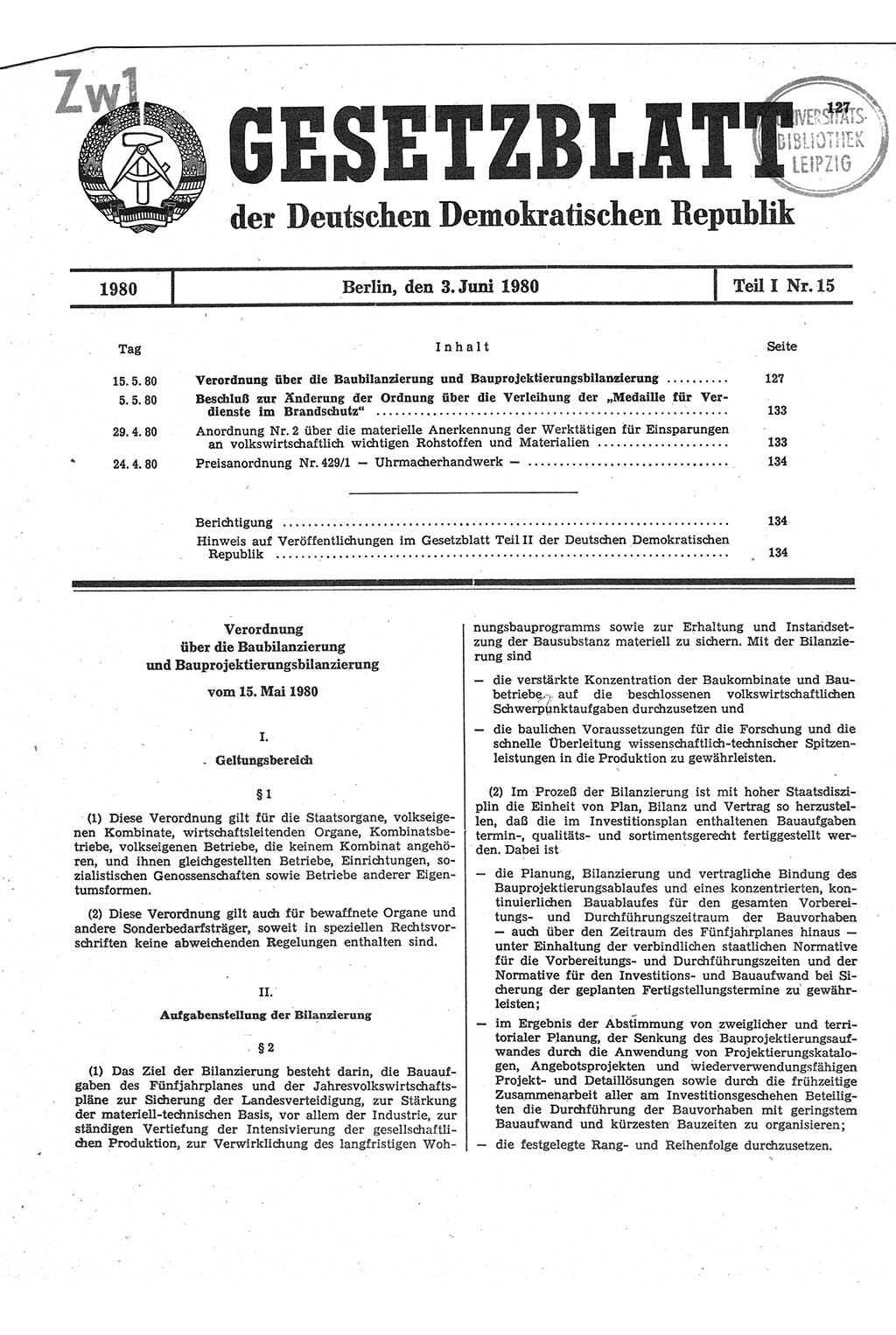 Gesetzblatt (GBl.) der Deutschen Demokratischen Republik (DDR) Teil Ⅰ 1980, Seite 127 (GBl. DDR Ⅰ 1980, S. 127)