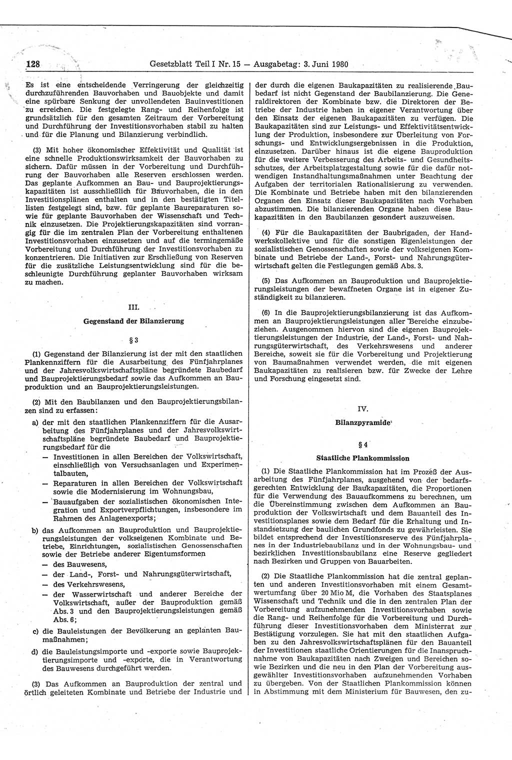 Gesetzblatt (GBl.) der Deutschen Demokratischen Republik (DDR) Teil Ⅰ 1980, Seite 128 (GBl. DDR Ⅰ 1980, S. 128)