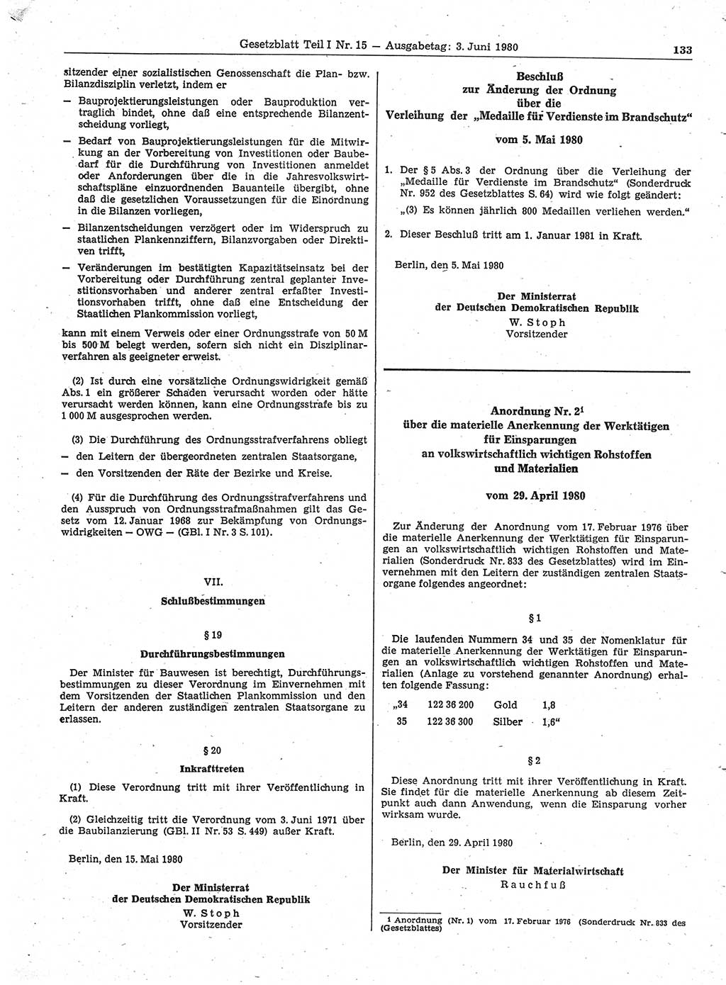 Gesetzblatt (GBl.) der Deutschen Demokratischen Republik (DDR) Teil Ⅰ 1980, Seite 133 (GBl. DDR Ⅰ 1980, S. 133)