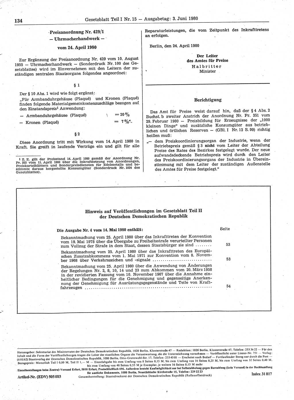 Gesetzblatt (GBl.) der Deutschen Demokratischen Republik (DDR) Teil Ⅰ 1980, Seite 134 (GBl. DDR Ⅰ 1980, S. 134)