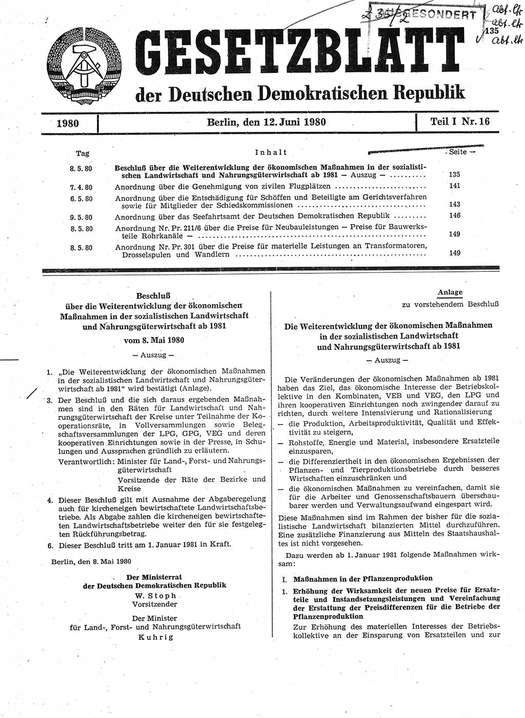 Gesetzblatt (GBl.) der Deutschen Demokratischen Republik (DDR) Teil Ⅰ 1980, Seite 135 (GBl. DDR Ⅰ 1980, S. 135)