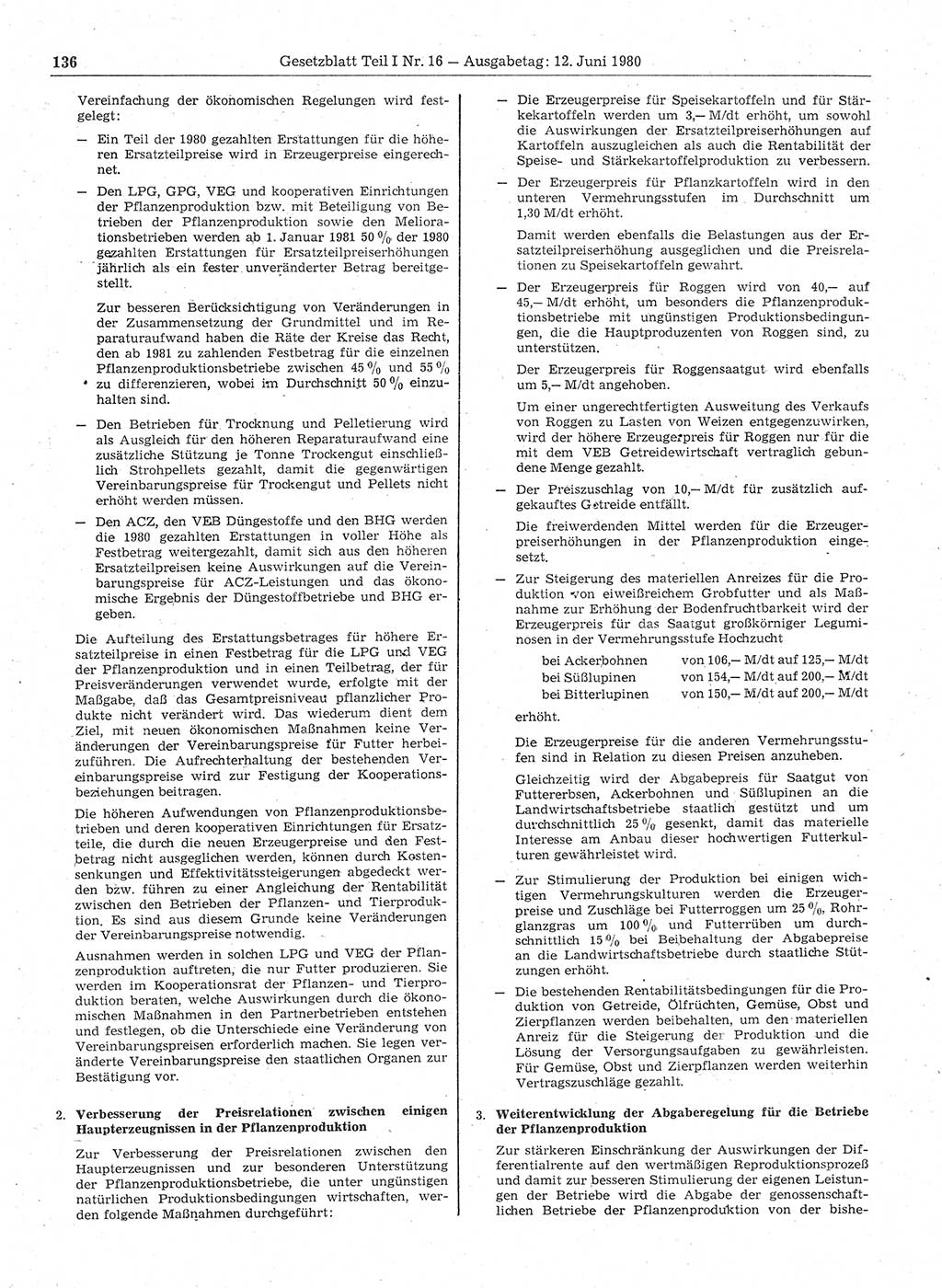 Gesetzblatt (GBl.) der Deutschen Demokratischen Republik (DDR) Teil Ⅰ 1980, Seite 136 (GBl. DDR Ⅰ 1980, S. 136)