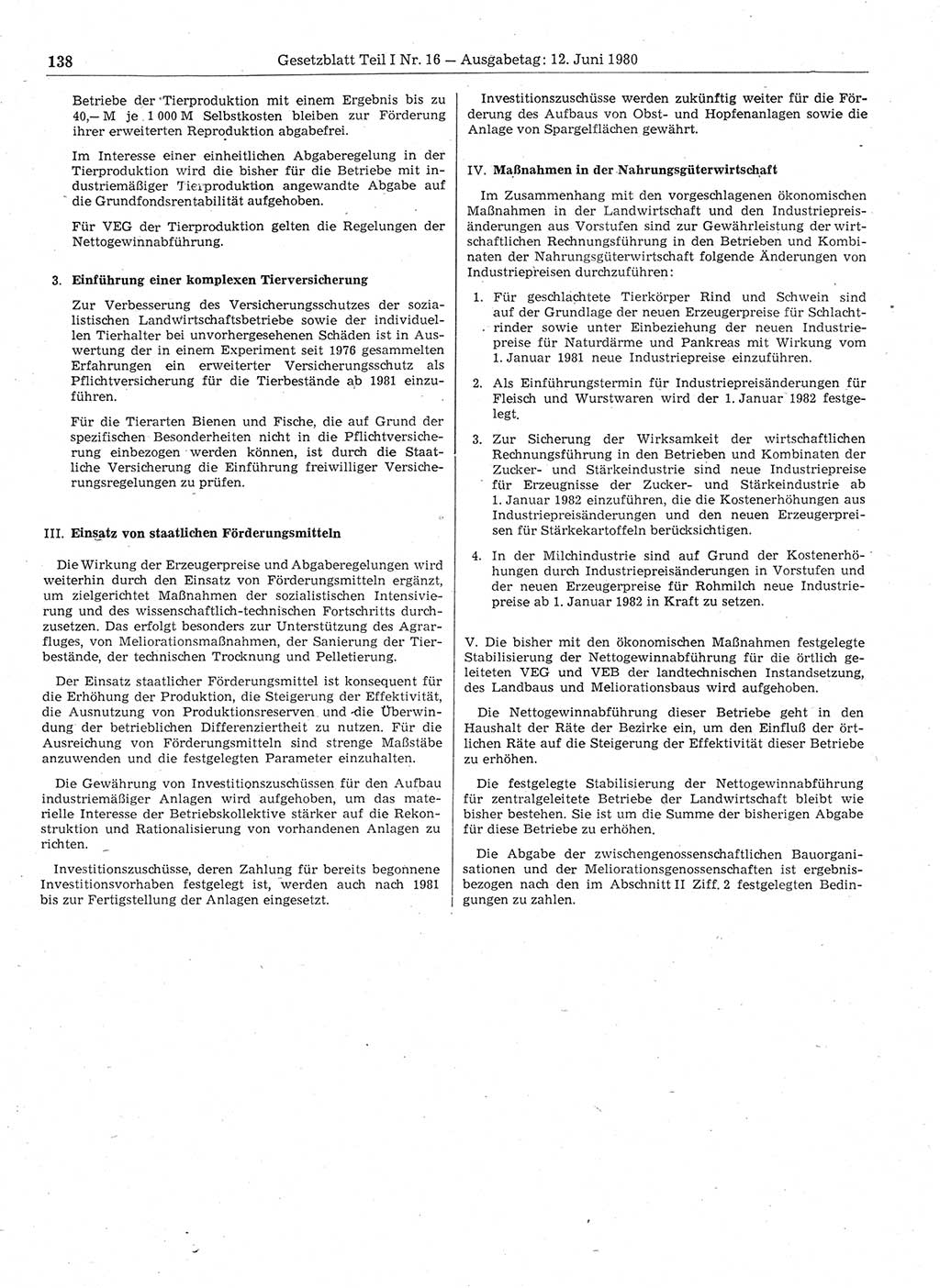 Gesetzblatt (GBl.) der Deutschen Demokratischen Republik (DDR) Teil Ⅰ 1980, Seite 138 (GBl. DDR Ⅰ 1980, S. 138)