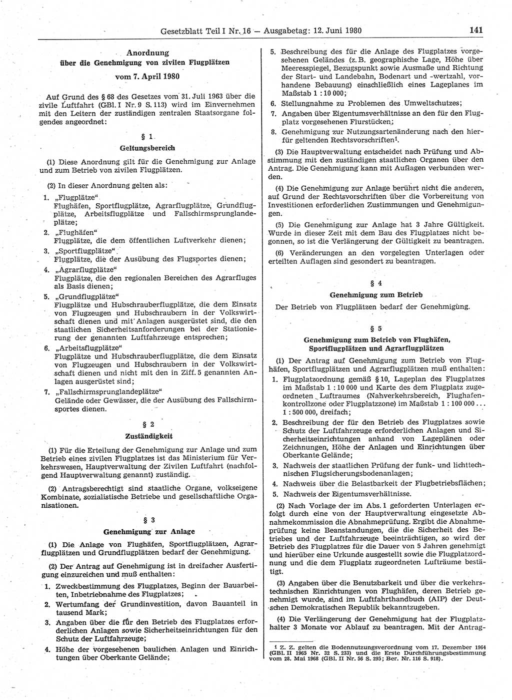 Gesetzblatt (GBl.) der Deutschen Demokratischen Republik (DDR) Teil Ⅰ 1980, Seite 141 (GBl. DDR Ⅰ 1980, S. 141)