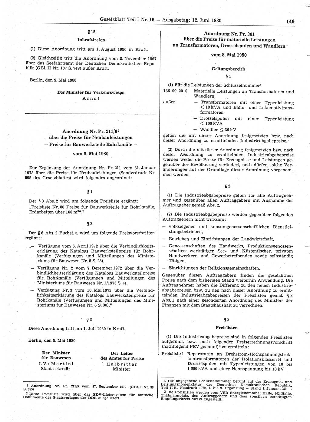 Gesetzblatt (GBl.) der Deutschen Demokratischen Republik (DDR) Teil Ⅰ 1980, Seite 149 (GBl. DDR Ⅰ 1980, S. 149)