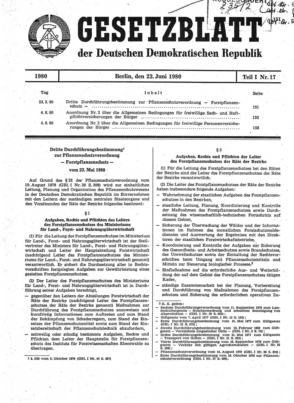 Gesetzblatt (GBl.) der Deutschen Demokratischen Republik (DDR) Teil Ⅰ 1980, Seite 151 (GBl. DDR Ⅰ 1980, S. 151)