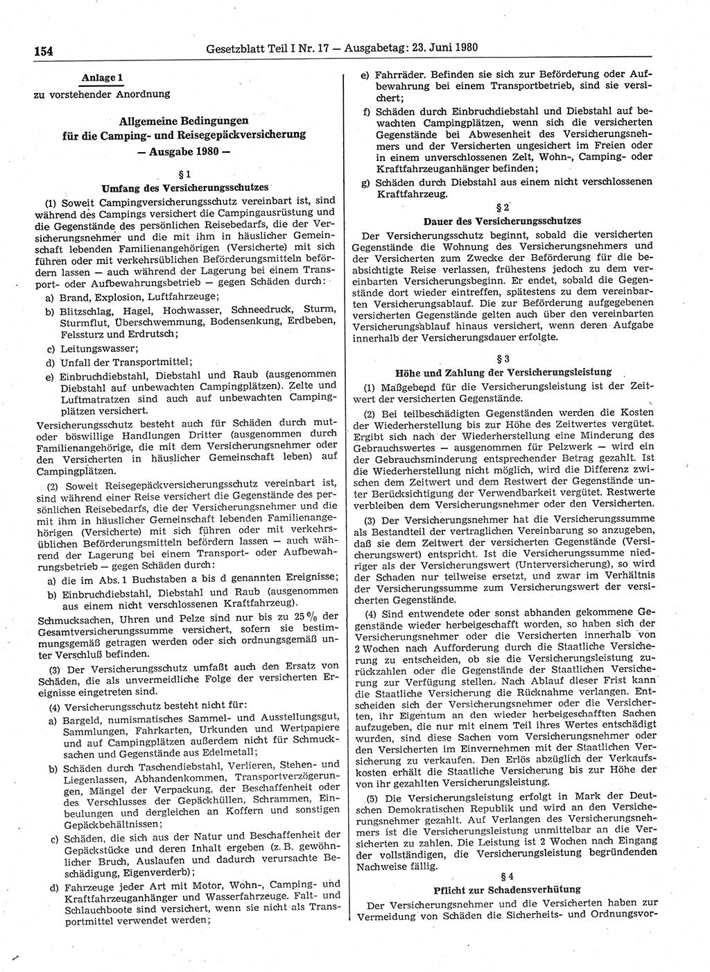 Gesetzblatt (GBl.) der Deutschen Demokratischen Republik (DDR) Teil Ⅰ 1980, Seite 154 (GBl. DDR Ⅰ 1980, S. 154)
