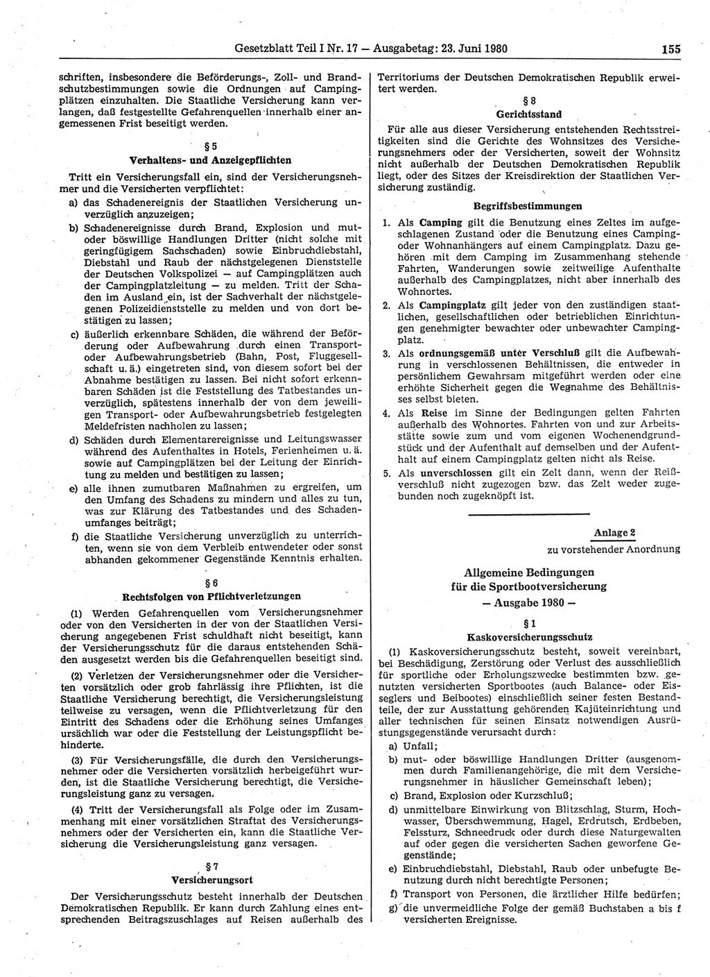 Gesetzblatt (GBl.) der Deutschen Demokratischen Republik (DDR) Teil Ⅰ 1980, Seite 155 (GBl. DDR Ⅰ 1980, S. 155)