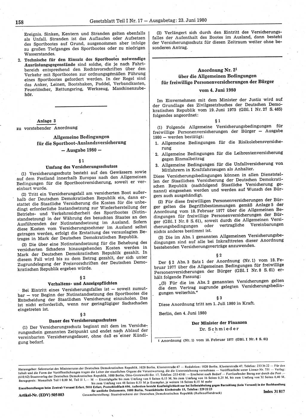 Gesetzblatt (GBl.) der Deutschen Demokratischen Republik (DDR) Teil Ⅰ 1980, Seite 158 (GBl. DDR Ⅰ 1980, S. 158)
