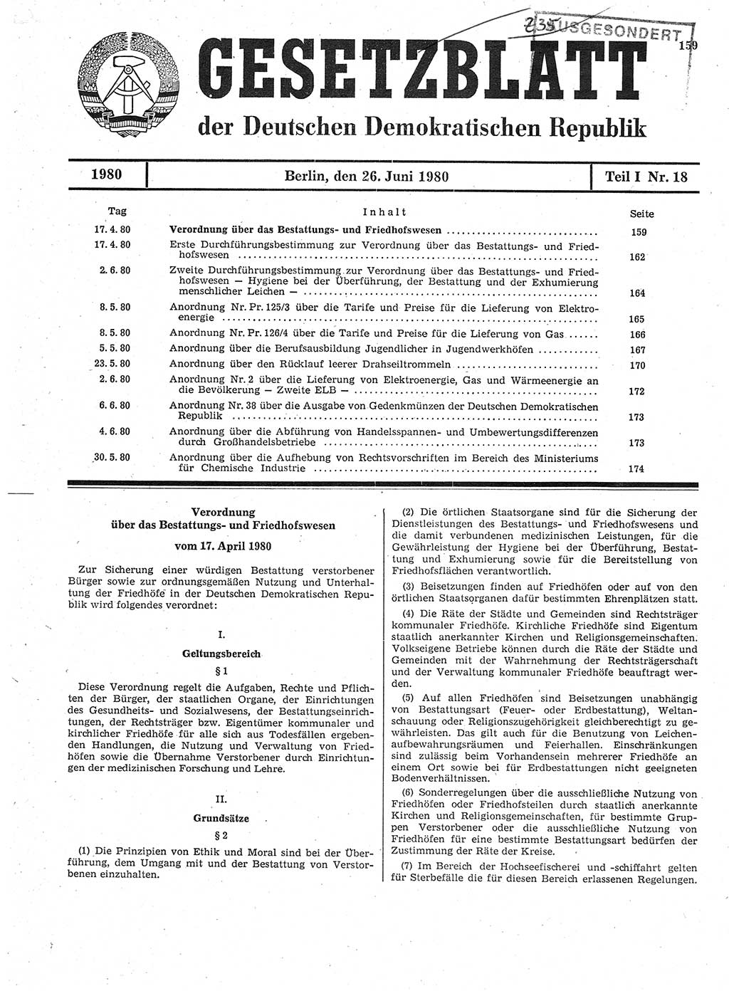 Gesetzblatt (GBl.) der Deutschen Demokratischen Republik (DDR) Teil Ⅰ 1980, Seite 159 (GBl. DDR Ⅰ 1980, S. 159)