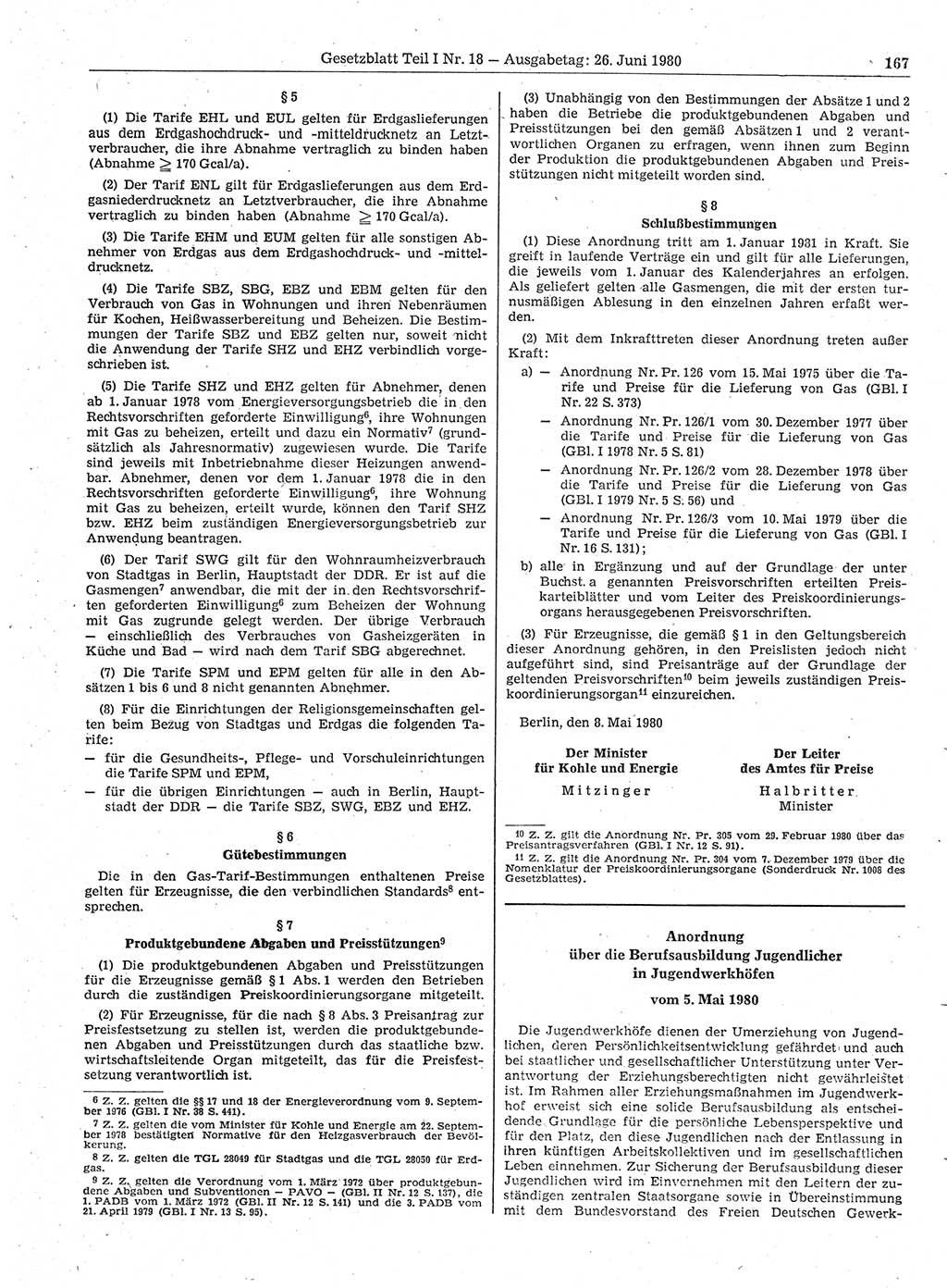 Gesetzblatt (GBl.) der Deutschen Demokratischen Republik (DDR) Teil Ⅰ 1980, Seite 167 (GBl. DDR Ⅰ 1980, S. 167)