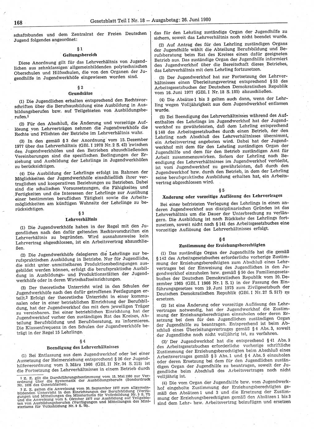 Gesetzblatt (GBl.) der Deutschen Demokratischen Republik (DDR) Teil Ⅰ 1980, Seite 168 (GBl. DDR Ⅰ 1980, S. 168)