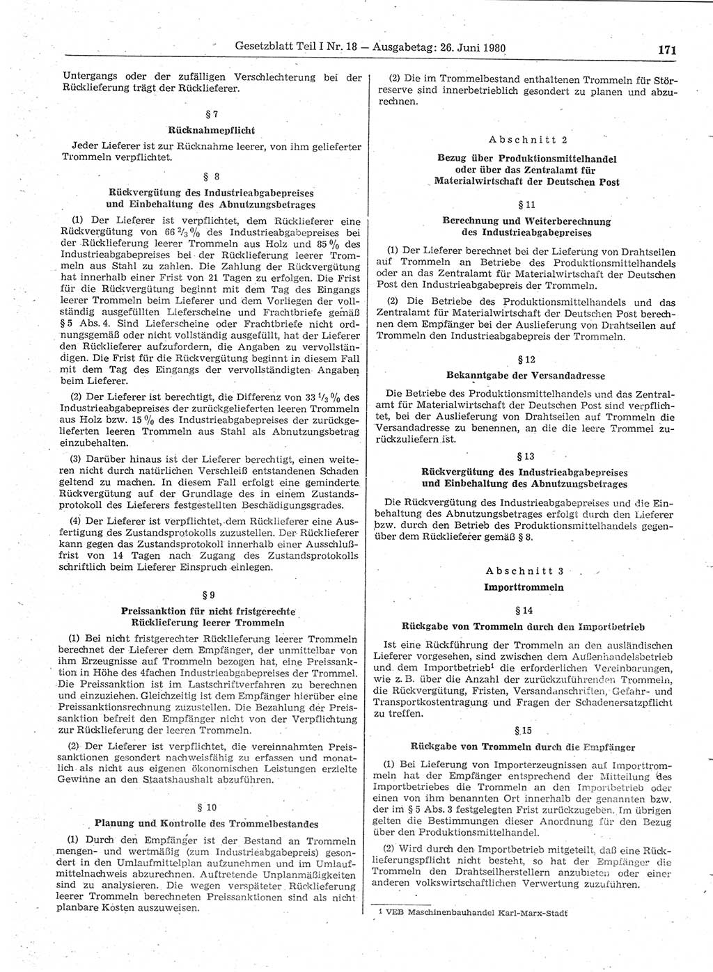 Gesetzblatt (GBl.) der Deutschen Demokratischen Republik (DDR) Teil Ⅰ 1980, Seite 171 (GBl. DDR Ⅰ 1980, S. 171)