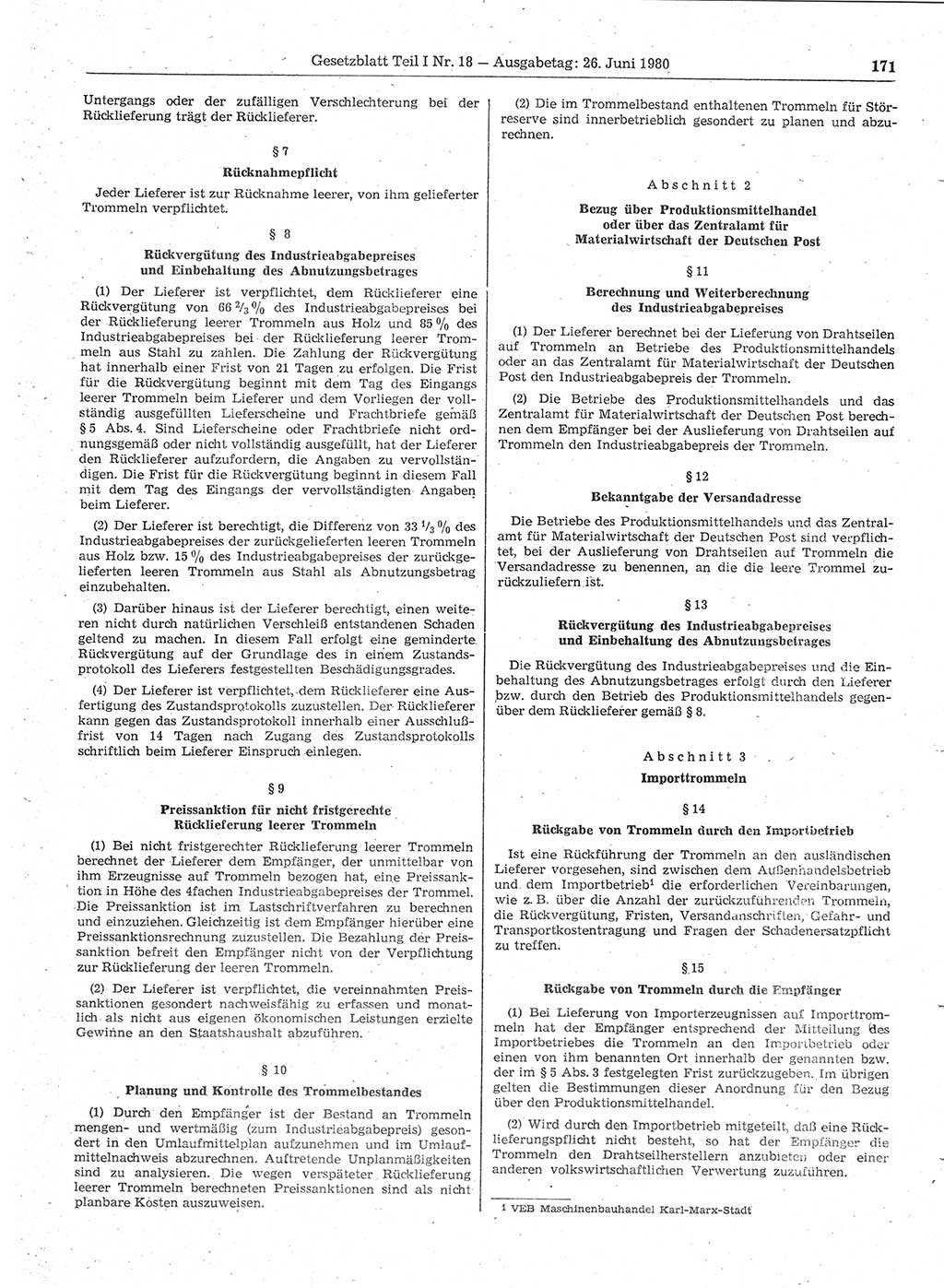 Gesetzblatt (GBl.) der Deutschen Demokratischen Republik (DDR) Teil Ⅰ 1980, Seite 171 (GBl. DDR Ⅰ 1980, S. 171)