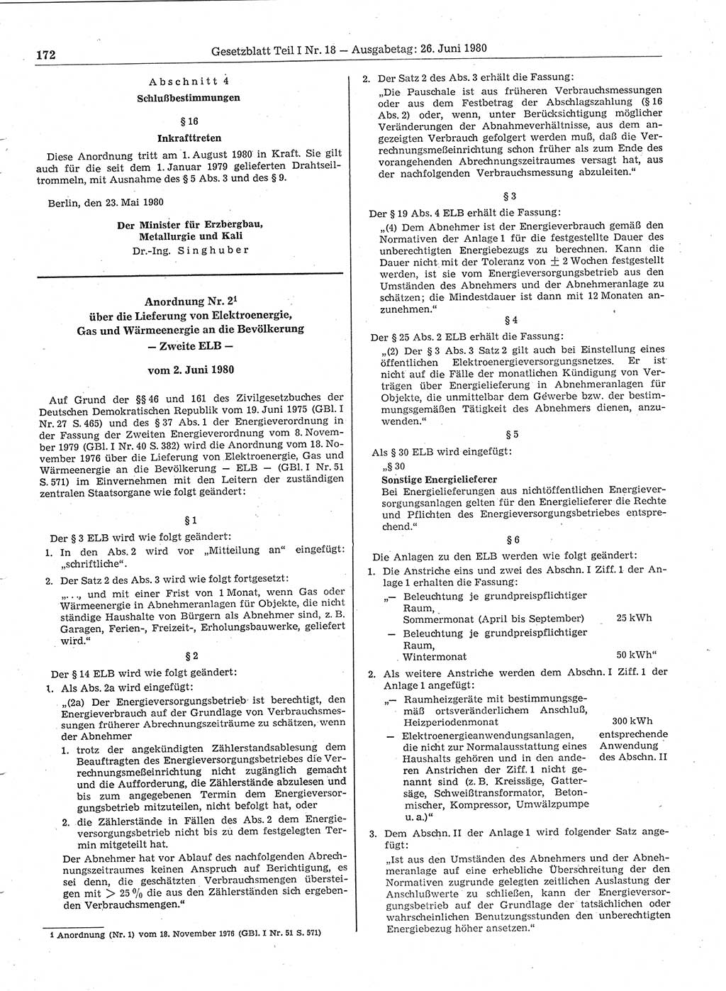 Gesetzblatt (GBl.) der Deutschen Demokratischen Republik (DDR) Teil Ⅰ 1980, Seite 172 (GBl. DDR Ⅰ 1980, S. 172)
