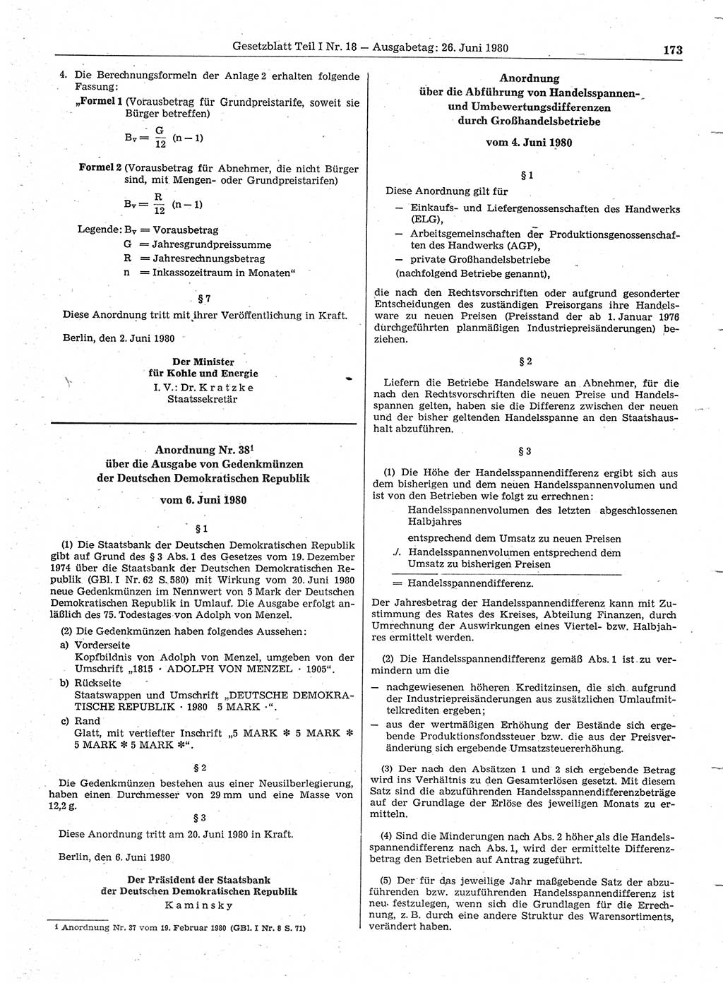 Gesetzblatt (GBl.) der Deutschen Demokratischen Republik (DDR) Teil Ⅰ 1980, Seite 173 (GBl. DDR Ⅰ 1980, S. 173)