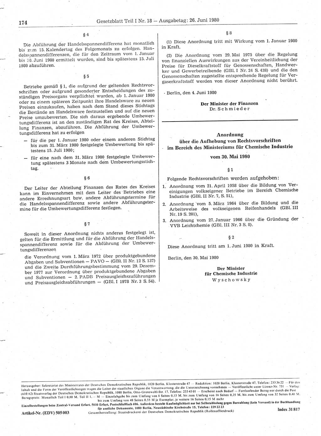 Gesetzblatt (GBl.) der Deutschen Demokratischen Republik (DDR) Teil Ⅰ 1980, Seite 174 (GBl. DDR Ⅰ 1980, S. 174)