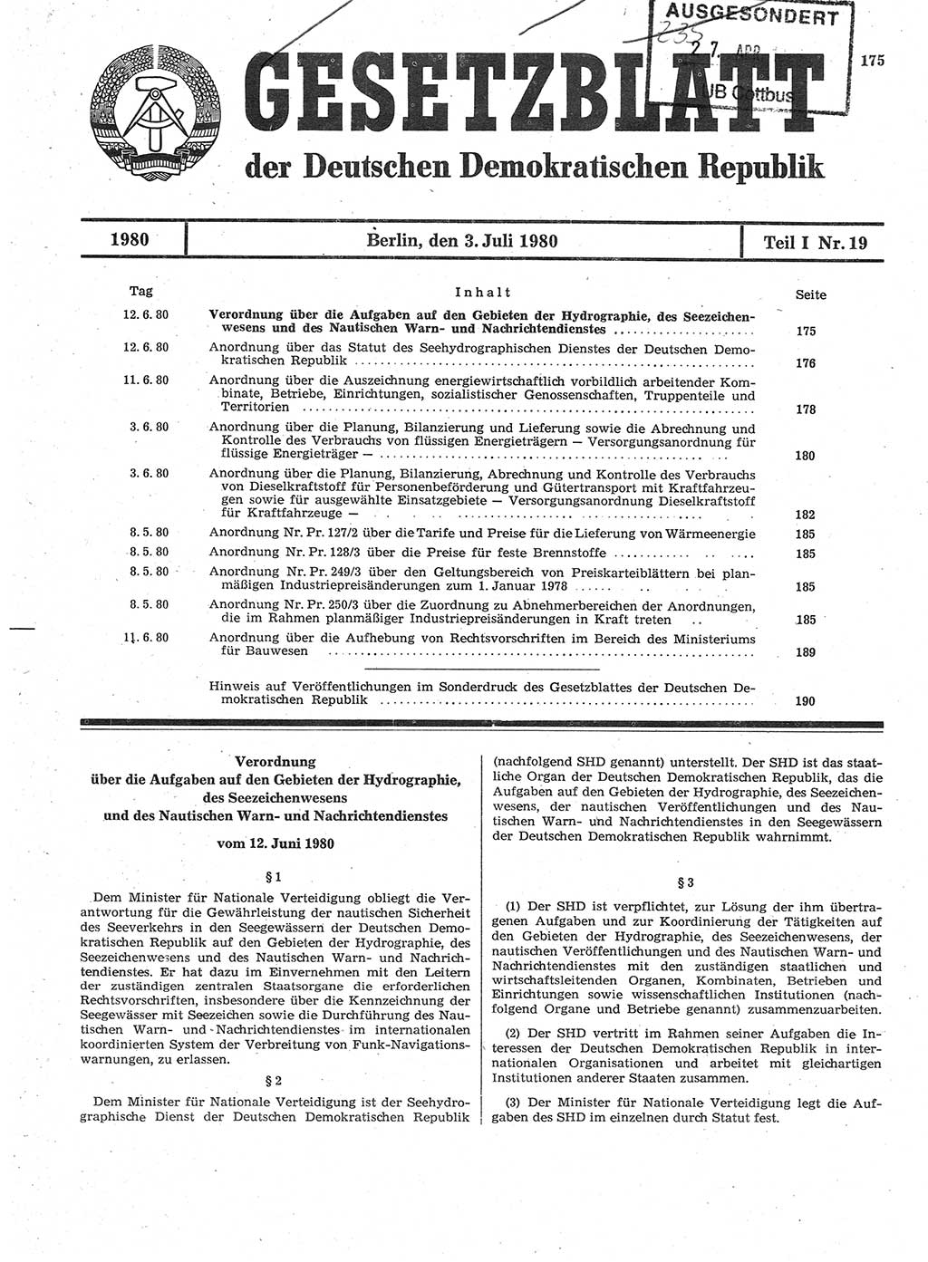 Gesetzblatt (GBl.) der Deutschen Demokratischen Republik (DDR) Teil Ⅰ 1980, Seite 175 (GBl. DDR Ⅰ 1980, S. 175)