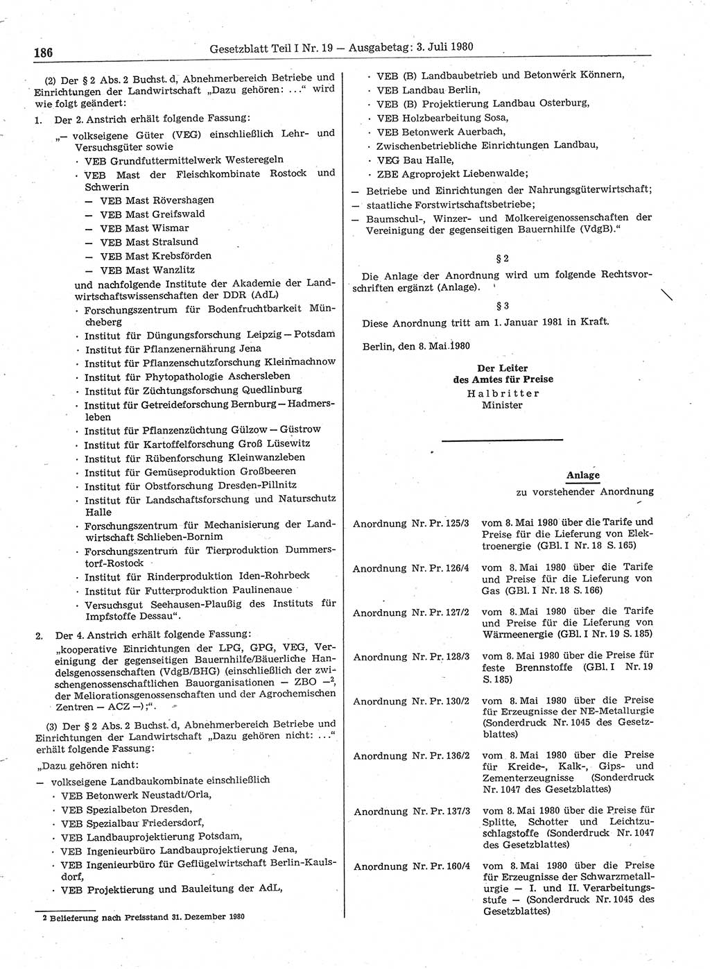 Gesetzblatt (GBl.) der Deutschen Demokratischen Republik (DDR) Teil Ⅰ 1980, Seite 186 (GBl. DDR Ⅰ 1980, S. 186)