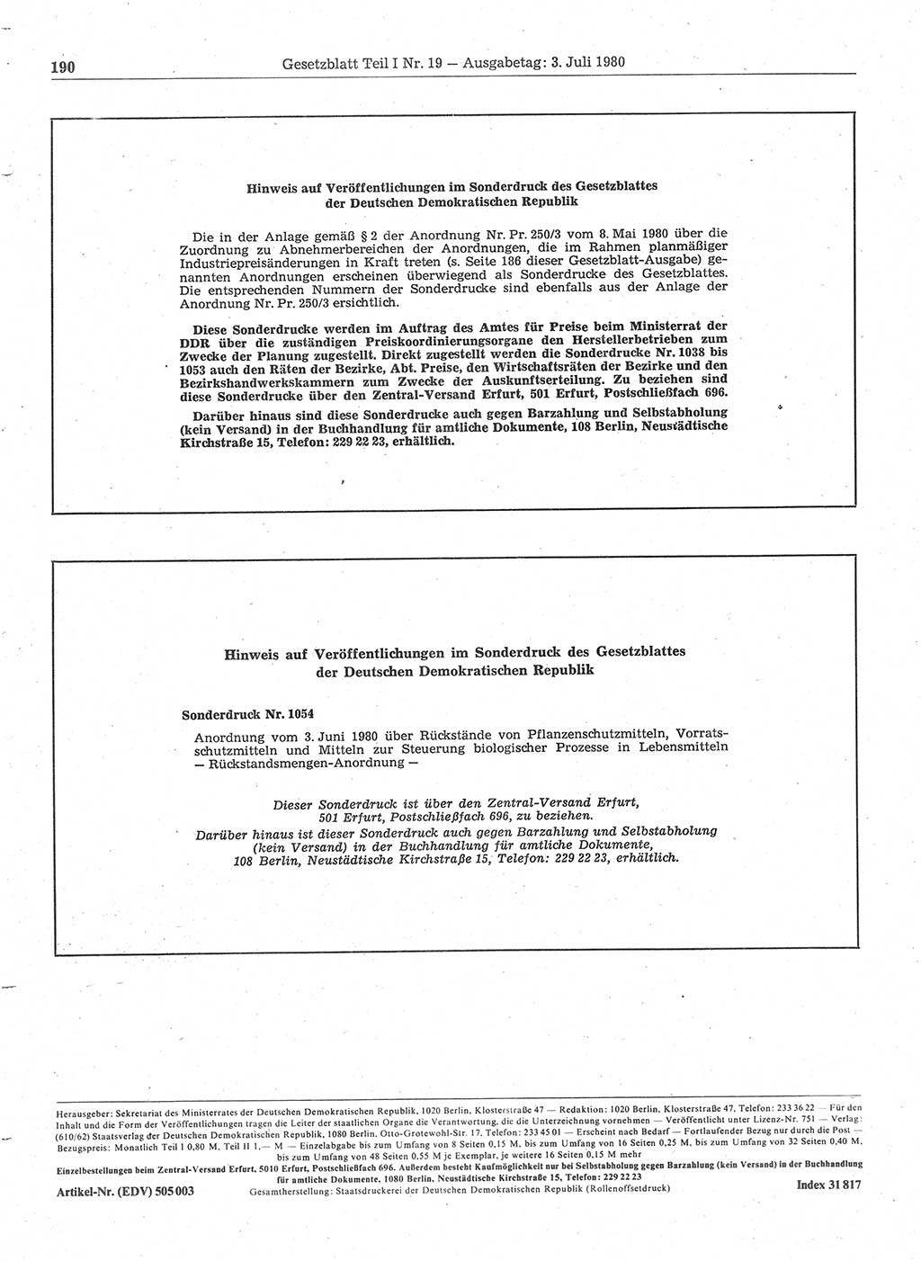 Gesetzblatt (GBl.) der Deutschen Demokratischen Republik (DDR) Teil Ⅰ 1980, Seite 190 (GBl. DDR Ⅰ 1980, S. 190)