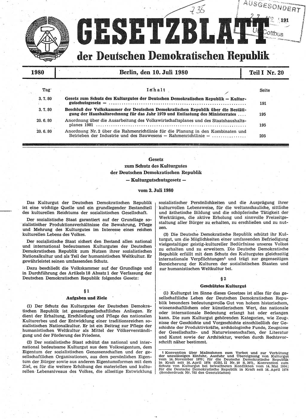 Gesetzblatt (GBl.) der Deutschen Demokratischen Republik (DDR) Teil Ⅰ 1980, Seite 191 (GBl. DDR Ⅰ 1980, S. 191)